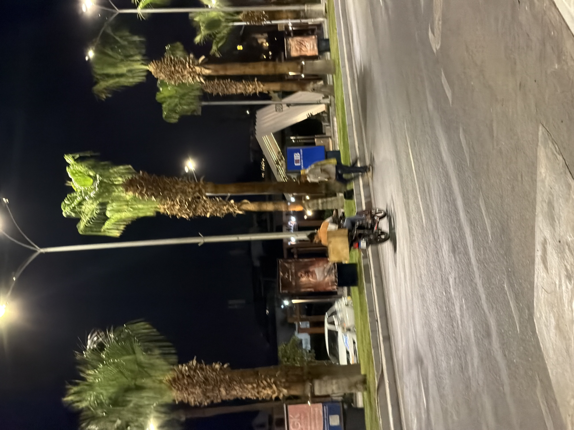 An outdoor night scene in Sharm El Sheikh, Egypt, features a street lined with palm trees and illuminated by streetlights. A white car is parked on the side of the road. In the foreground, a person rides a motorcycle carrying a large box. Another person is walking on the sidewalk. Buildings and signs are visible in the background. The overall impression is that of a busy urban environment at night.
