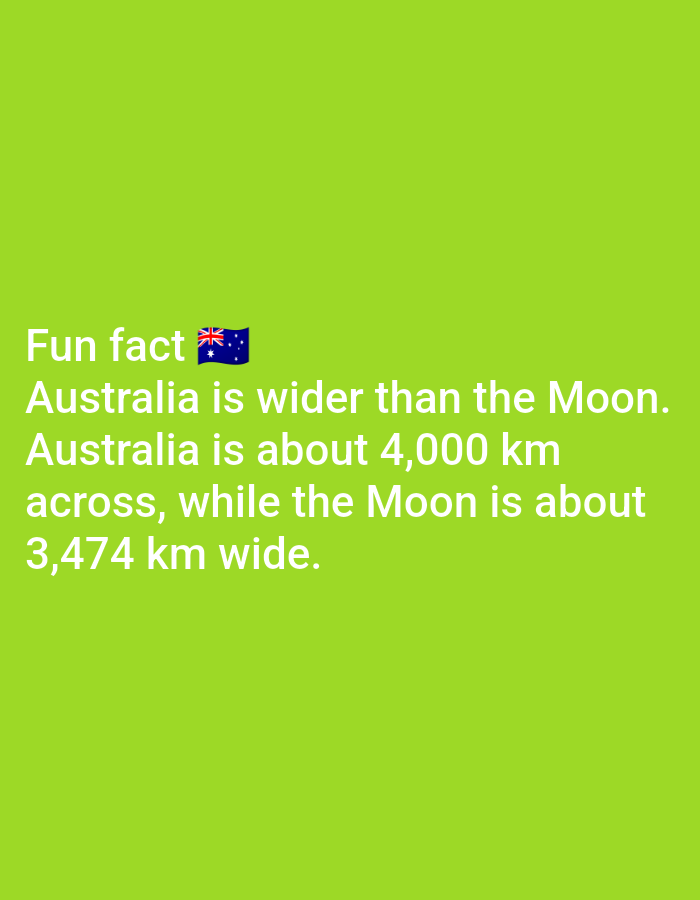 The image contains text on a bright green background. The text reads: "Fun fact 🇦🇺 Australia is wider than the Moon. Australia is about 4,000 km across, while the Moon is about 3,474 km wide." The Australian flag emoji appears after "Fun fact". There is no information about Lagos, Nigeria in the image.