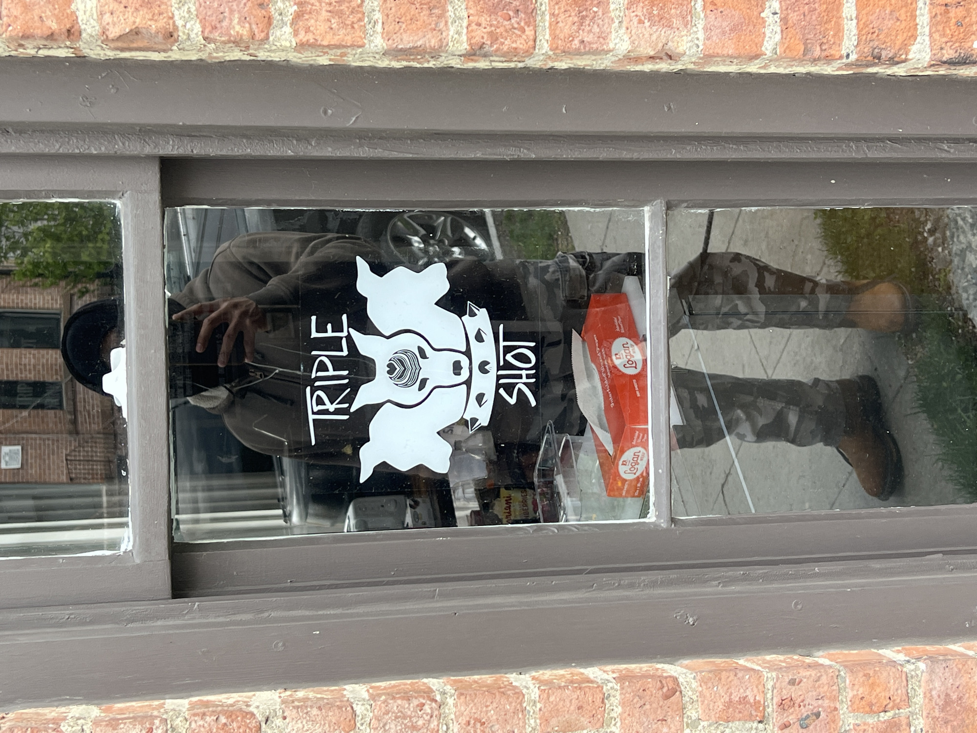 The media file displays a rectangular window, framed by a reddish-brown brick wall on the top and bottom, and dark grey painted wood on the sides and horizontally between the panes. The window itself is divided into multiple panes by dark grey wooden mullions.
A white sticker is affixed to the central panes of the window. The sticker features a stylized graphic of what appears to be an animal's head (possibly a bull or cow, with prominent horns and a patterned snout design) and the words "TRIPLE SHOT" written vertically to the left of the head, and "SHOT" (or possibly "SHOT" as part of a rotated "TRIPLE SHOT") vertically to the right.
Through the glass, various reflections are visible. A person is largely reflected across the left side of the window. This reflection shows an individual wearing a dark hoodie, camouflage-patterned pants, and brown boots. Their hand, with fingers slightly splayed, is visible on the left side, seemingly near the glass. The person's head is partially visible further left in the reflection, obscured by the window frame and appearing as if they are looking down or away. The reflection of their lower body (legs and boots) is clearly seen in the lower right pane of the window, appearing sideways.
Other reflections include a car wheel visible in the upper central pane and a general outdoor street scene with trees and what looks like a sidewalk or paved area, also appearing rotated in the reflections. Inside the window, behind the sticker, a red box with white text, including the word "Logan," is visible on the right side of the lower left pane.
The scene appears to be outdoors during daytime, with natural light illuminating the brick wall and creating the reflections. The setting is a building facade, in the City of Newburgh, USA.