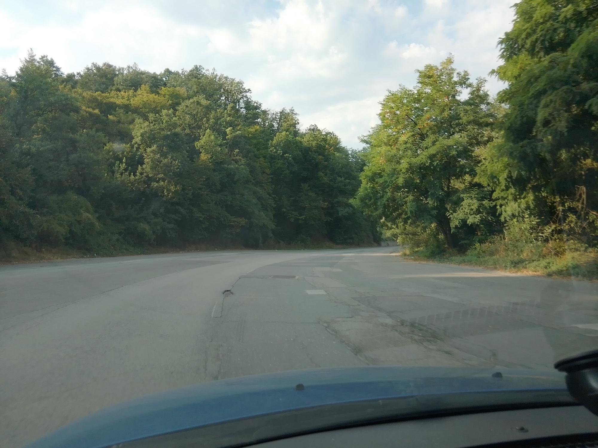 The image shows a view from inside a vehicle driving on a paved road. The road curves to the left and is lined with dense green trees on both sides. The sky is partly cloudy. The front of the vehicle, including the dashboard and a rearview mirror, is visible in the foreground. The road surface appears worn with some cracks and patches.