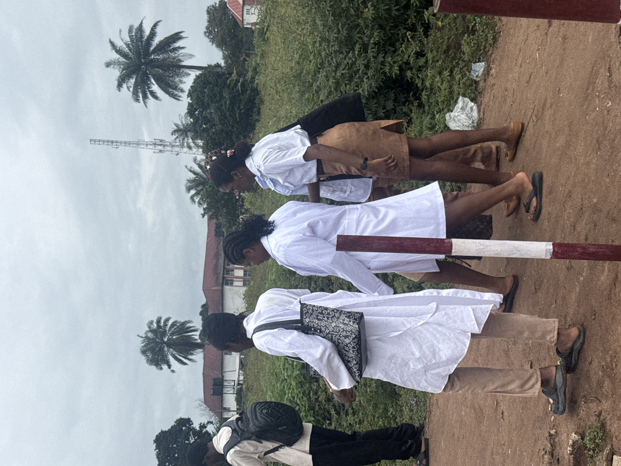 The image depicts a group of individuals walking along a dirt path in Ihiagwa, Nigeria. The scene is characterized by lush green vegetation bordering the path, with several palm trees visible in the background. A tall communication tower stands prominently against a cloudy sky. The individuals are dressed in light-colored clothing, with some wearing what appear to be medical or academic uniforms, suggesting a possible school or hospital setting. One person carries a backpack, while others are seen with tote bags. The path is unpaved and appears to be a common thoroughfare. The overall atmosphere is one of casual movement and daily life in a semi-rural or suburban environment within Ihiagwa.