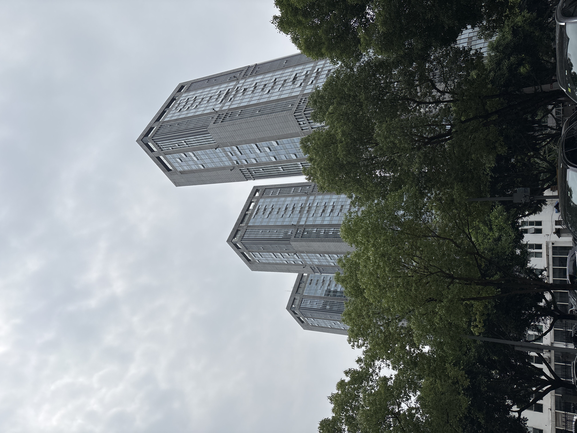 The image is a low-angle shot of three high-rise buildings with a unique, stepped architectural design. The buildings are predominantly gray with reflective windows. The sky is overcast, with a flat, gray cloud cover. Green foliage from several trees partially obscures the view of the buildings, mainly on the right side. A portion of a parked vehicle is visible on the right. The image is taken in Liangjiang, China.