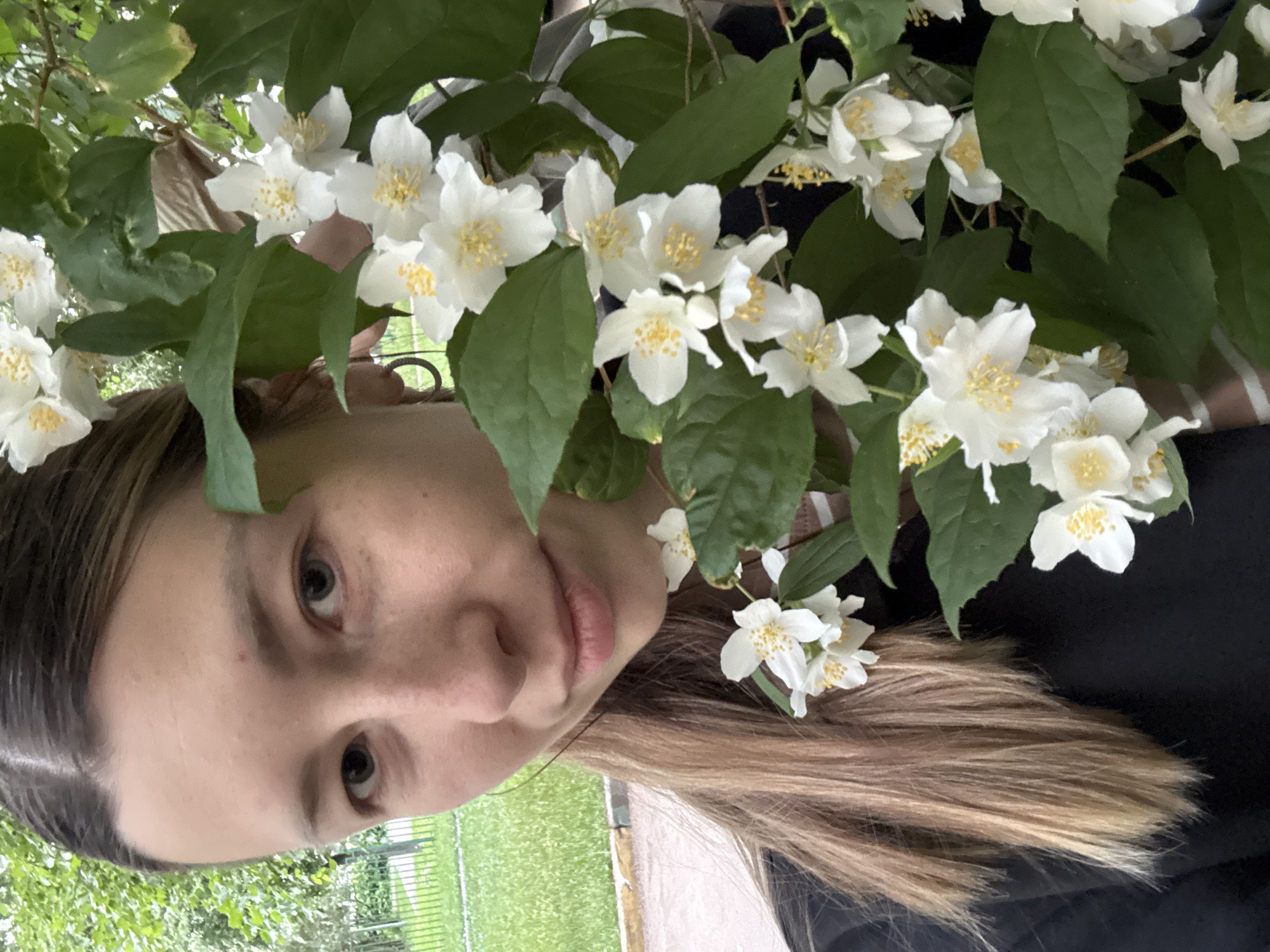 A woman with light brown hair, wearing a black sweatshirt, takes a selfie in a park. She is partially obscured by a branch of white jasmine flowers with green leaves. Her face is turned slightly towards the camera, with her eyes looking forward and a subtle smile on her lips. The background shows a green grassy area with a pathway and a fence, indicative of an urban park setting in Moscow, Russia.
