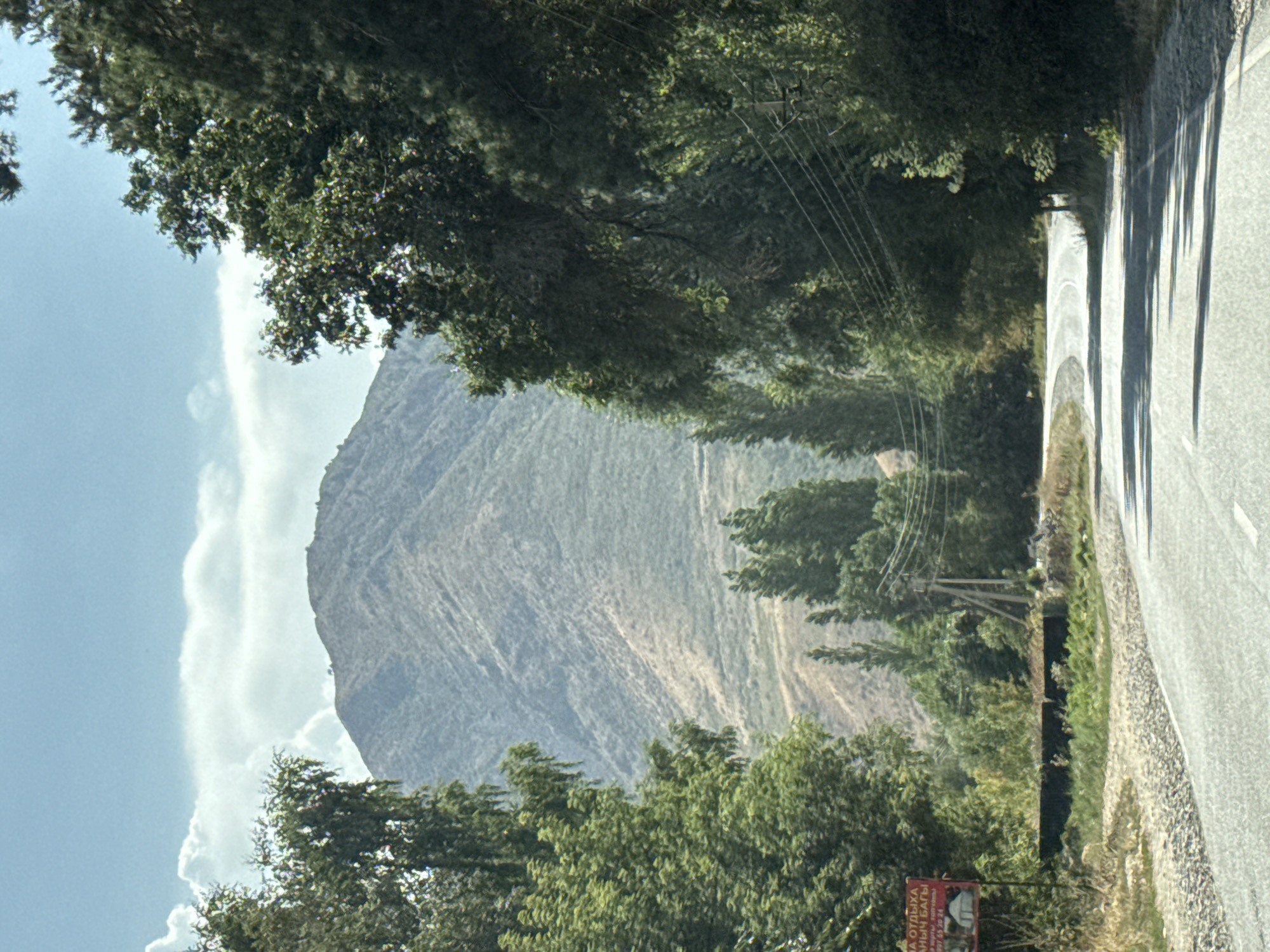The image depicts a winding asphalt road leading towards a mountain range under a partly cloudy sky. Lush green trees line both sides of the road, with some taller, slender trees appearing in the mid-ground. A red and white sign with Cyrillic text is visible on the left side of the road, indicating "РЕКА ОТДЫХА" (River Recreation) and "БАЗЫ" (Base), along with a phone number, suggesting a recreational area. Power lines and poles are present on the right side of the road, partially obscured by foliage. The terrain is somewhat arid and hilly, with the mountain slopes appearing dry and covered in sparse vegetation. The overall scene conveys a rural or semi-rural environment in Kyrgyzstan, likely in or near the city of Koi-Tash, given the context of the sign and the mountainous landscape.
