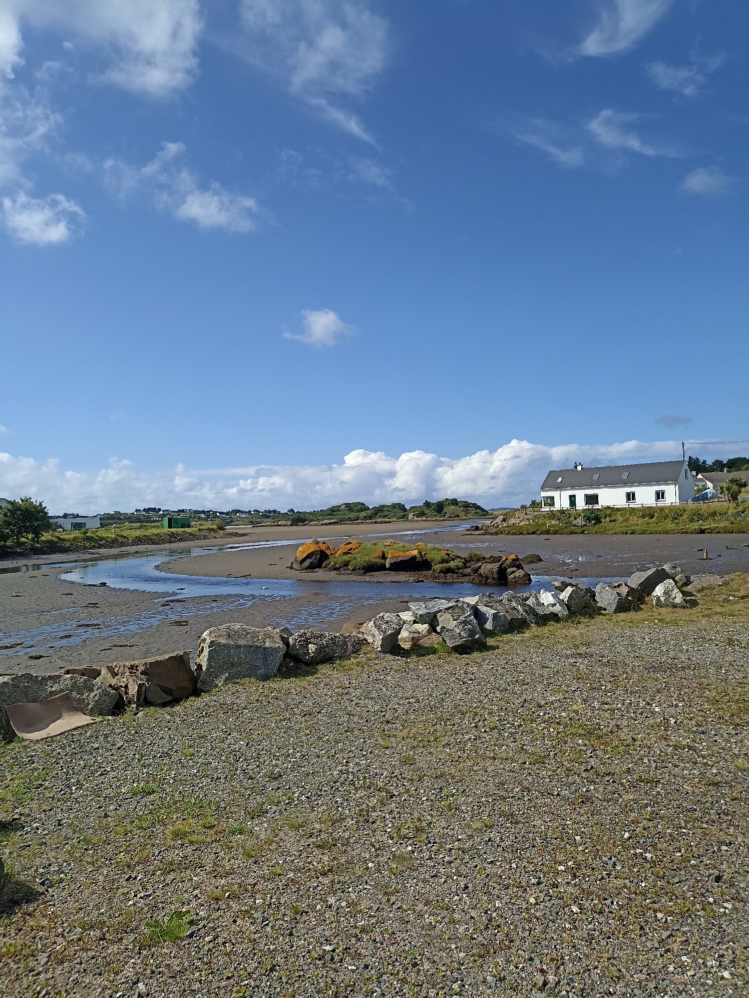 The image depicts a coastal landscape under a bright blue sky with scattered white clouds. In the foreground, a path covered in gravel and scattered with small stones and patches of grass leads towards a body of water. Large rocks are arranged along the edge of the path, forming a low wall.
The water appears to be a tidal estuary or a slow-moving river, with a sandy or muddy bottom exposed in some areas. The watercourse winds through the scene, with shallow channels and reflective surfaces.
Further in the distance, on the right side of the image, a white house with a dark roof and windows stands on a slightly elevated area overlooking the water. A wooden fence surrounds the property. Other structures, possibly sheds or smaller buildings, are visible further to the left, near the water's edge.
The landscape is dotted with vegetation, including trees on the left and low-lying green shrubs and grass on the banks of the water. Some large, orange-colored rocks are present on the banks of the estuary, contrasting with the surrounding muted tones. The overall impression is one of a serene rural or semi-rural coastal setting in Ireland.