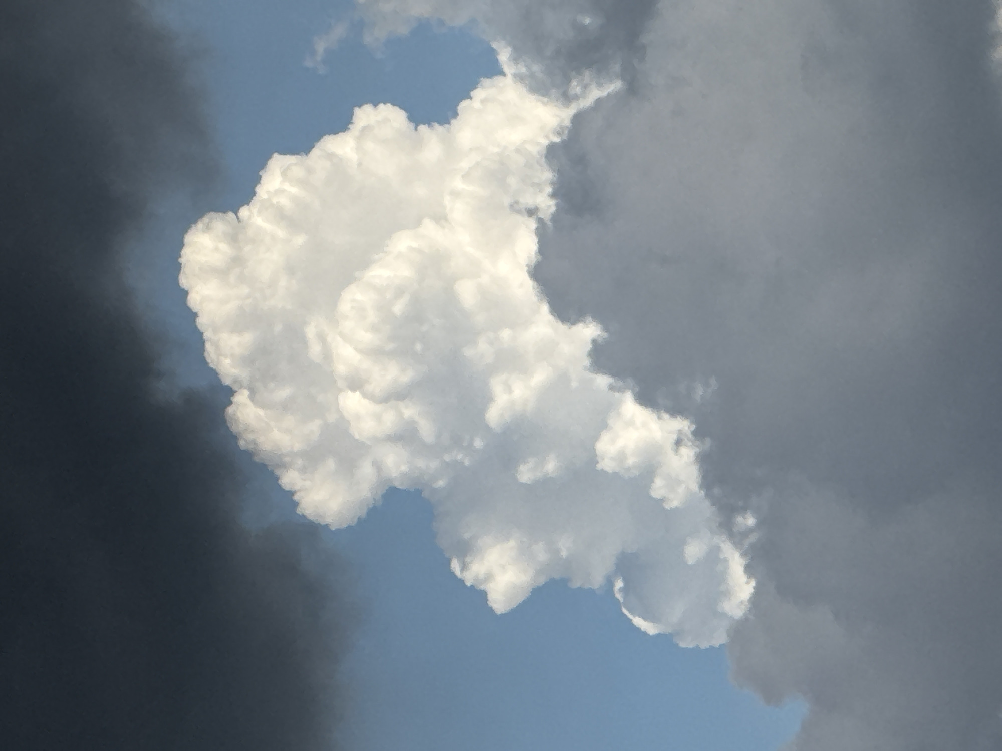 The image depicts a sky filled with dramatic clouds. A large, bright white cumulus cloud dominates the center, its voluminous form catching the sunlight and displaying intricate textures. To the left and upper portion of the frame, darker, gray storm clouds loom, creating a stark contrast with the bright cloud. The sky is a vibrant blue peeking through in some areas. The bottom portion of the image is filled with heavier, darker gray clouds, suggesting a storm might be approaching or passing. There are no people, structures, or discernible landmarks in this image, making its location in Đa Lộc, Vietnam, impossible to determine from the visual evidence alone. The scene is a natural phenomenon of cloud formations against a blue sky.