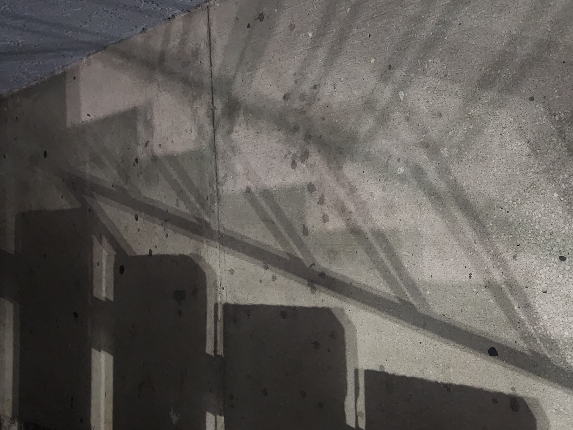 The image depicts a concrete sidewalk in Altamonte Springs, United States of America, at night. Shadows cast by an unseen object, possibly streetlights or nearby structures, create geometric patterns on the ground. The sidewalk is textured with small stones embedded in the concrete and shows some dark stains or debris. A dark, rough-textured wall is visible along the right edge of the frame. There are no people or animals in the image, and the scene is static and devoid of action. The lighting suggests it is after sunset.