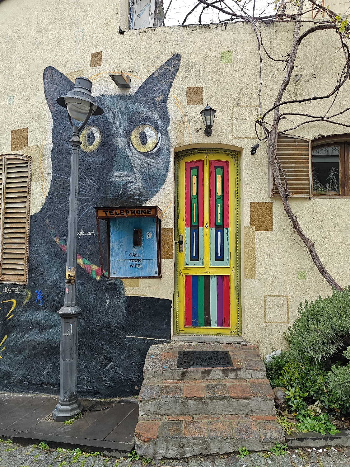 This is an exterior view of a vibrant and eclectic building facade in Tbilisi, Georgia, characterized by a large street art mural and a colorful entrance. The main subject is a colossal black cat mural with prominent yellow eyes, painted across the left side of the building's beige, textured wall. A traditional grey lamppost stands directly in front of the cat, partially obscuring its face.
To the right of the mural is a brightly colored, double-leaf door, framed in yellow. The door panels are painted with bold vertical stripes in various colors including red, green, blue, yellow, and black. This whimsical entrance is accessed via a set of worn brick steps with a black doormat at the top. To the far right of the door, a small wooden window with slatted shutters (one partially open) is visible. A thick, gnarled vine with bare branches twists around the window and along the wall, adding a natural element. Lush green foliage grows at the base of the wall to the right of the steps.
Several textual details are visible:
* A light blue box hanging on the wall beneath the cat's chin is labeled "TELEPHONE" and bears the instruction "CALL YOUR WIFE".
* On the wall below the cat's body, the word "HOSTEL" is painted in yellow.
* Near the cat's colorful collar, a partial signature "sagi_art" can be seen.
The lighting suggests an overcast or cloudy daytime, with soft light and no harsh shadows. The sidewalk in the foreground appears slightly damp. The overall scene evokes a lively, artistic, and unique urban environment.