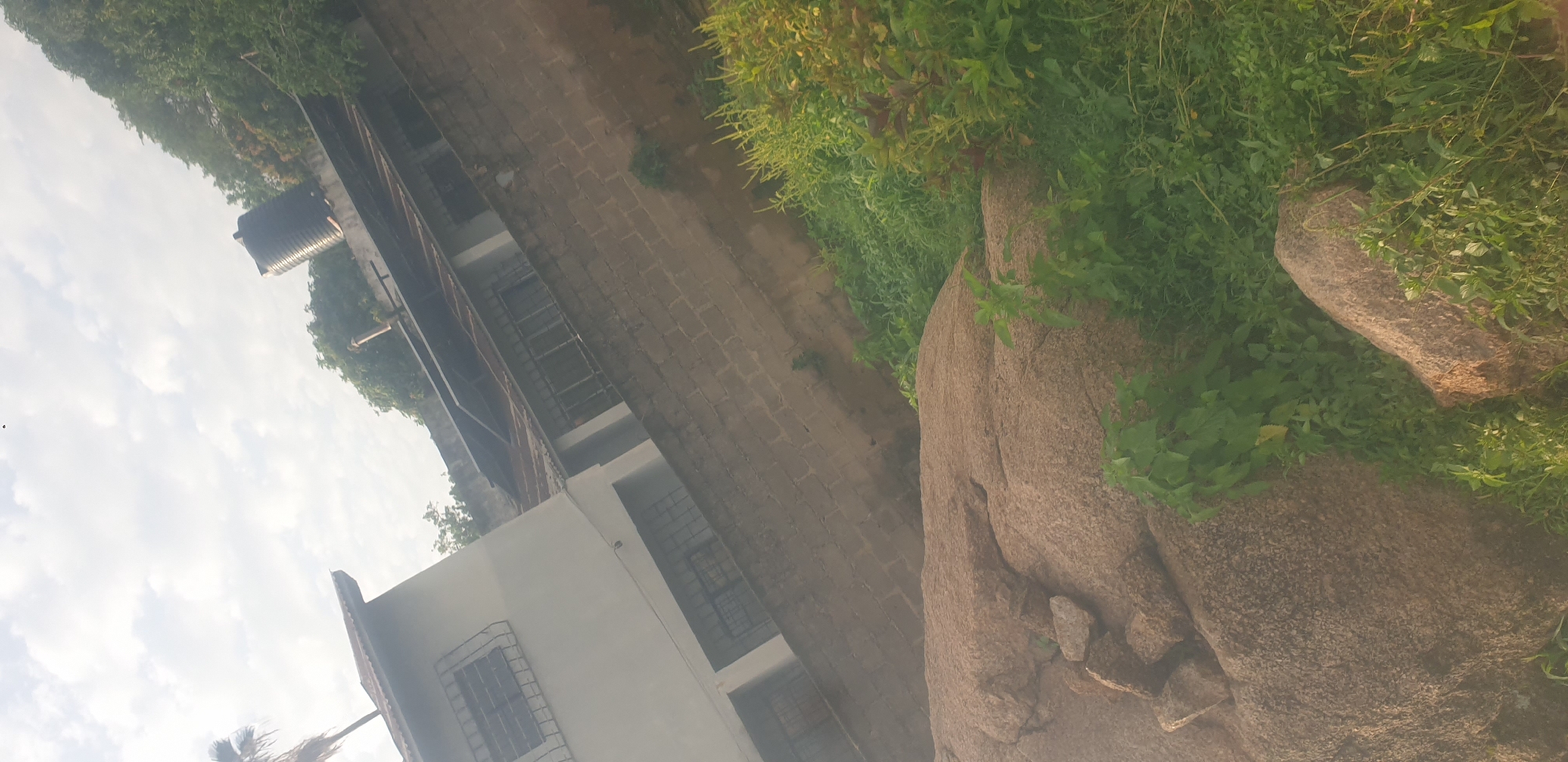 The image depicts a scene in Jos, Nigeria, featuring a large, rough-textured boulder in the foreground, partially covered by lush green vegetation and grasses. Behind the boulder, a wall constructed from light-colored, rectangular bricks runs horizontally across the frame. Beyond the wall, a multi-story building with a white facade is visible, featuring windows with metal bars. Several corrugated metal roofs are present, suggesting the presence of multiple structures or extensions. A large, dark water tank is positioned on top of the building. The background consists of dense green trees and a cloudy sky. The perspective is slightly tilted, giving a sense of depth and the environment. There are no people or animals visible in the image.