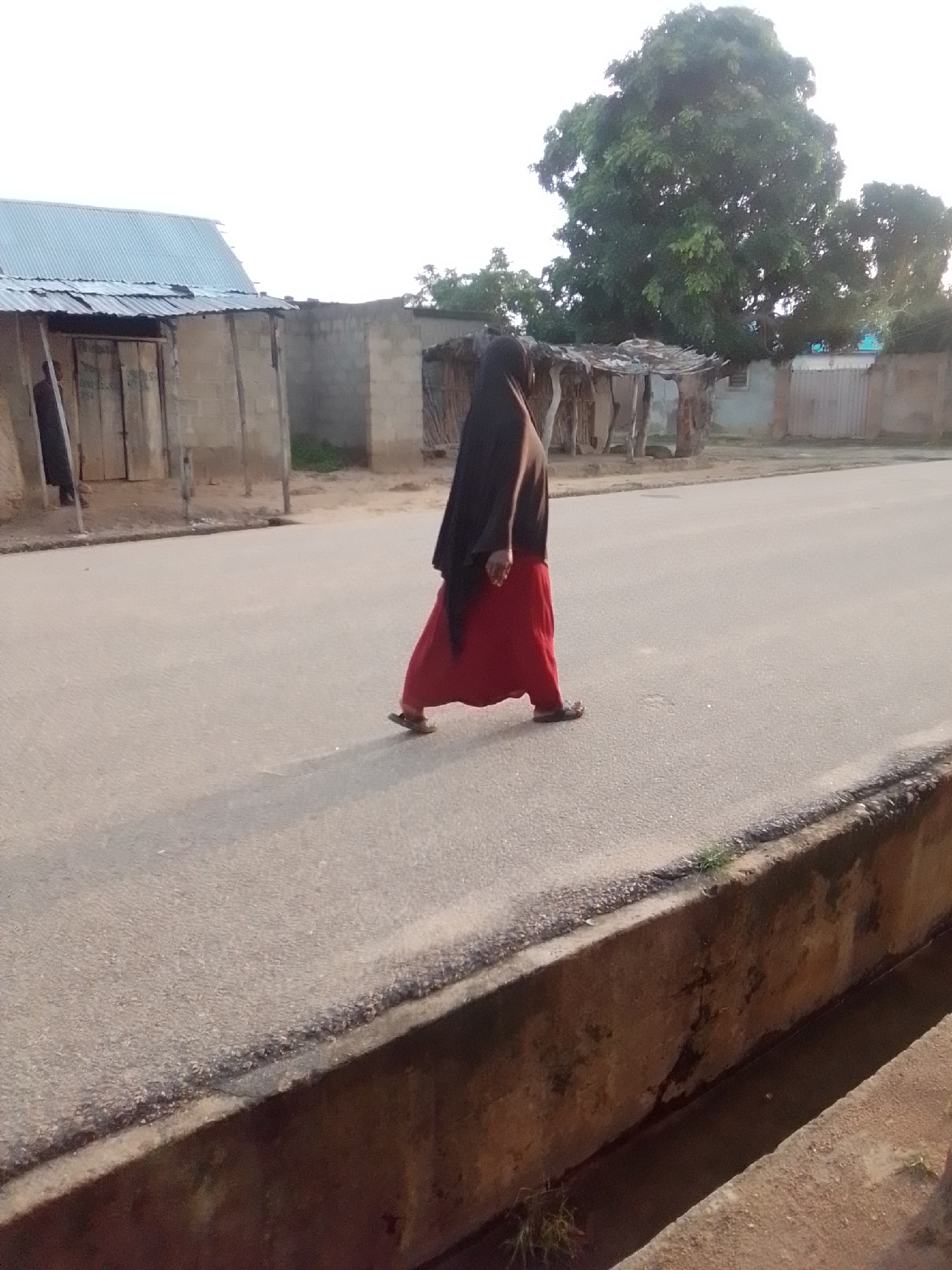 In Gombe, Nigeria, a woman walks across a paved road. She is wearing a dark headscarf and a long, red skirt. Her feet are visible, she is wearing sandals. The road is bordered by a concrete channel, and beyond that, a dusty area with some sparse vegetation. In the background, there are several buildings made of concrete blocks and corrugated metal roofing, along with some wooden structures. A large tree with dense foliage stands prominently in the mid-ground. The sky is overcast.