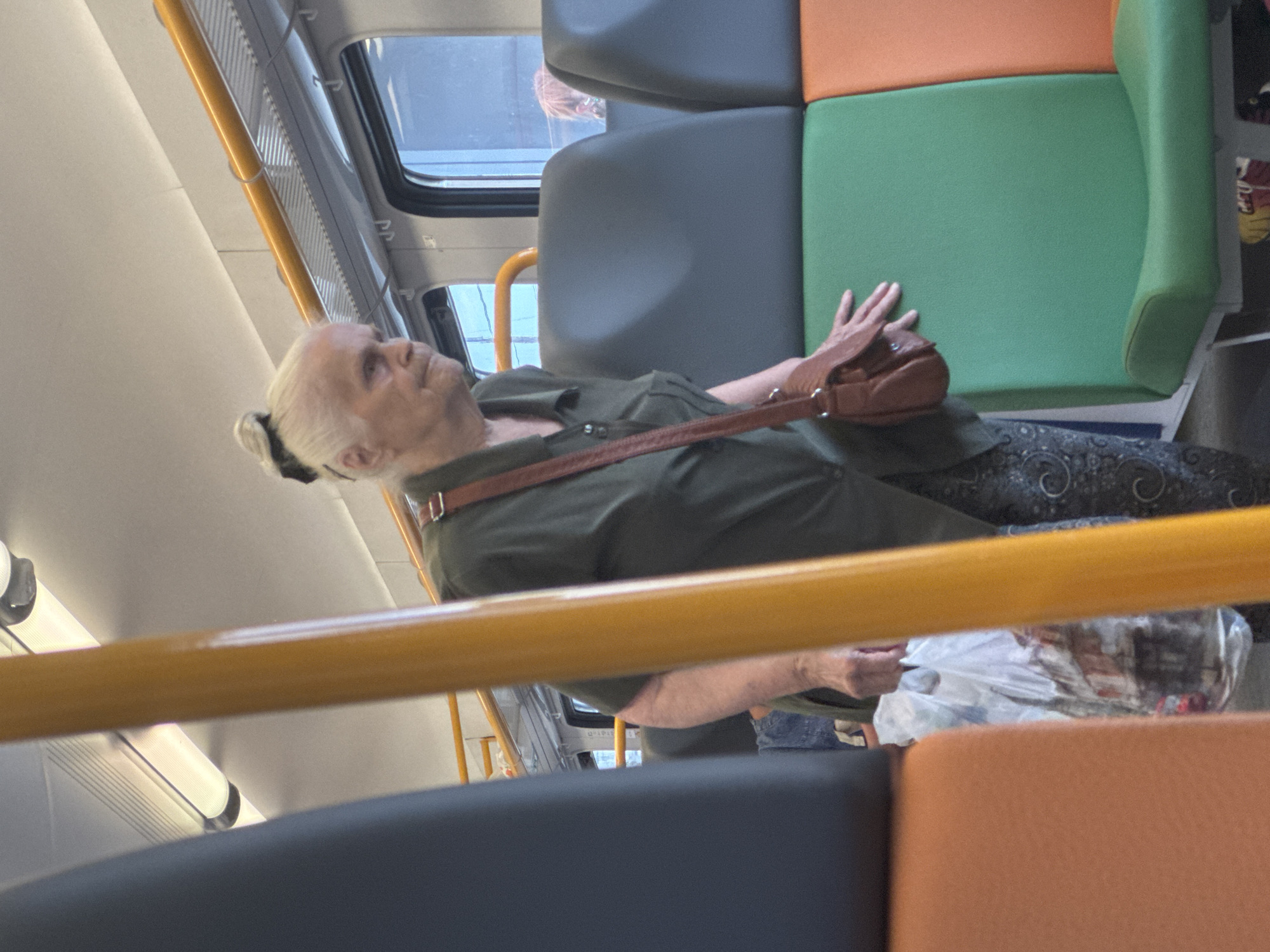 An elderly Caucasian woman with her hair in a bun is standing on a train. She is wearing a green shirt, patterned pants, and a brown purse. She is holding a plastic bag in her left hand and has her right hand resting on a seat. The train seats are green, orange, and gray. The image appears to have been taken inside a train car in Ramenskoye, Russia, although this cannot be confirmed from the image alone.