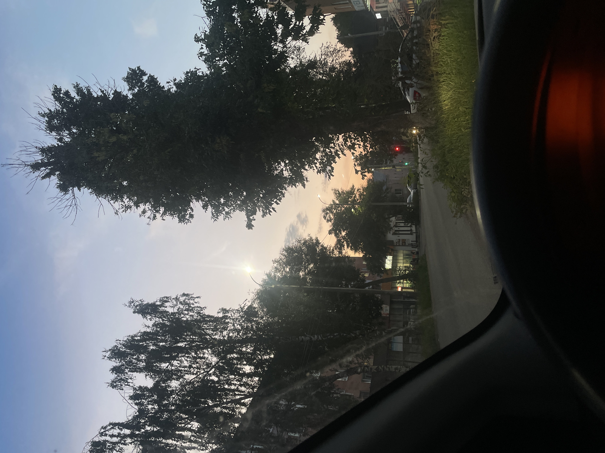 The image shows a street view from inside a vehicle, looking out through the windshield. The time of day appears to be dusk, with a soft gradient of colors in the sky, ranging from blue at the top to orange and pink near the horizon. The scene is set in a city, with buildings visible on both sides of the street.
On the left side of the street, there is a multi-story building with a light-colored facade and windows. Several trees with dark foliage stand in front of it, partially obscuring the building. A street light is visible, illuminated against the darkening sky.
On the right side of the street, there are more trees, one of which is particularly large and dominates the right half of the frame, its branches reaching towards the sky. Further down the street, there are storefronts with illuminated signs. One sign reads "MONETKA" in Cyrillic. Traffic lights are visible, showing red and green. Several cars are parked or driving on the street, including a white car and a silver car. The foreground of the image is dark, showing the interior of the car, including the dashboard with a red illuminated display.
The general impression is a quiet urban scene during twilight, possibly in a residential or mixed-use area. The presence of the "MONETKA" sign suggests a location in Russia. Based on visual cues and the context of the question, this scene is likely located in the city of Votkinsk, Russia.