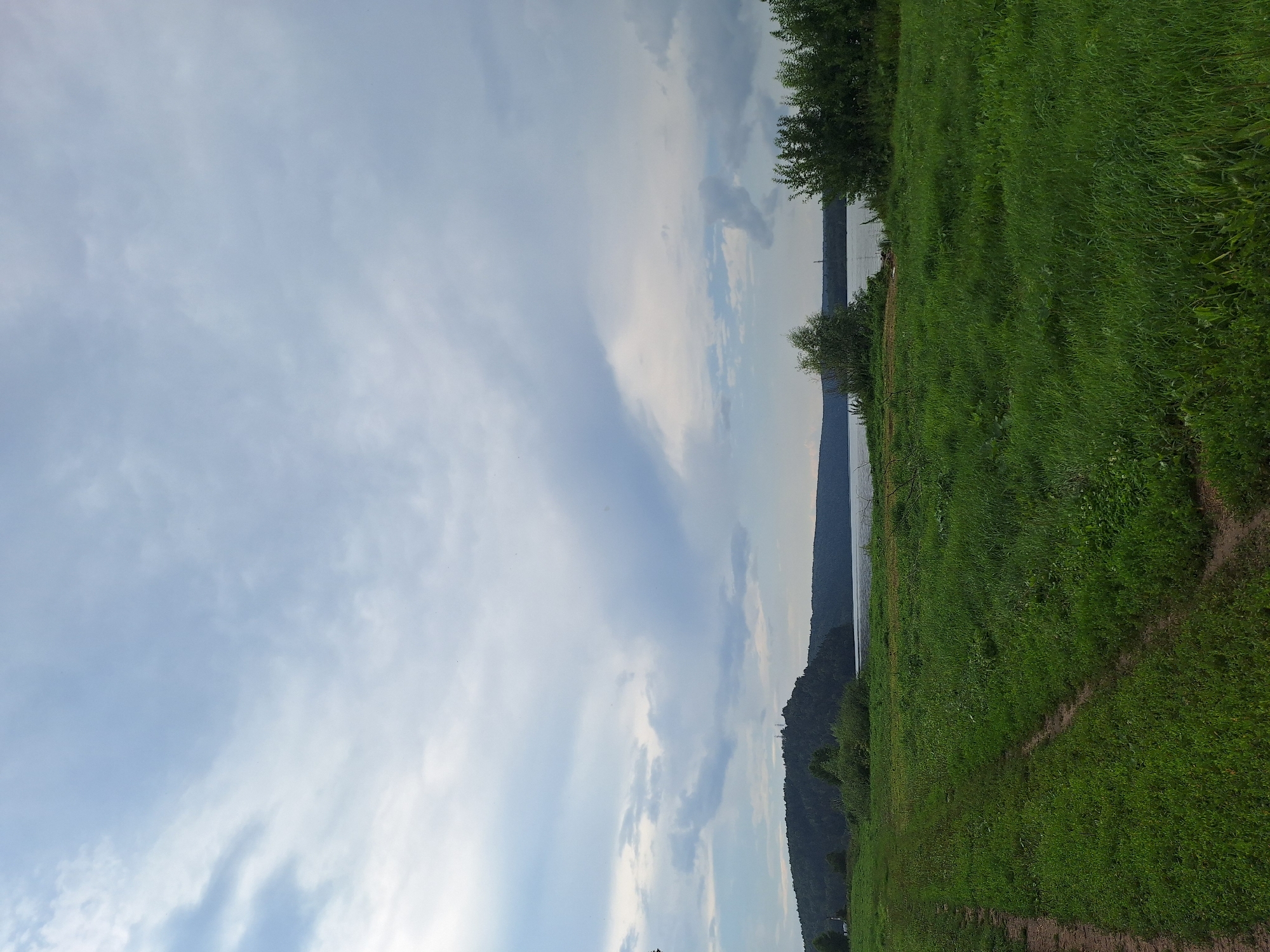 A wide shot shows a grassy field in the foreground, with a dirt path winding through it. In the middle ground, a body of water stretches across the scene, with a forested hill on the far bank. The sky is overcast with dramatic clouds. The scene appears to be in the rural area of Atamanovka, Russia. There are no people or animals visible in the image.