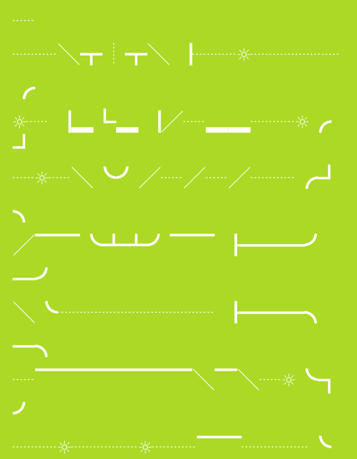 The image is a flat lay composition of various white line art elements on a bright lime green background. The elements are arranged in rows and columns and include a mix of straight lines, curves, angles, T-shapes, U-shapes, and stylized sunburst symbols connected by dotted lines. There are no people or discernible city elements present in the image. The style is minimalistic and abstract, resembling blueprints or schematic diagrams.