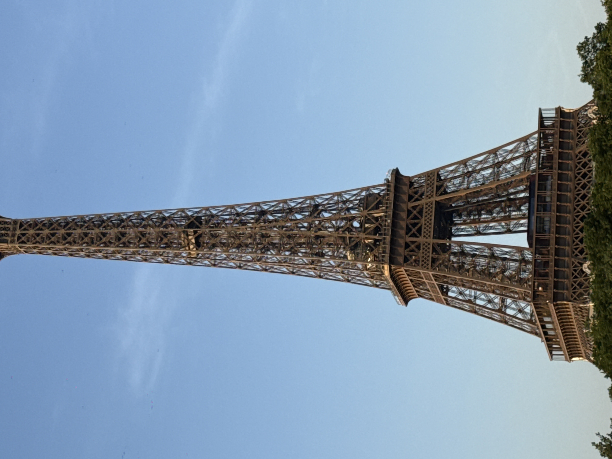 The image shows a close-up, low-angle view of the Eiffel Tower in Paris, France. The tower, constructed of wrought iron, dominates the frame, its intricate latticework visible against a clear blue sky. The lower section of the tower, including its first platform with a railing and windows, is clearly depicted. At the very bottom of the image, a line of lush green trees is visible, suggesting the tower is viewed from a park or garden. The sky is a uniform, pale blue with a few faint wisps of clouds or atmospheric haze, and there are some small, indistinct dots that could be birds or dust particles. No people or any other significant objects are visible in the frame.