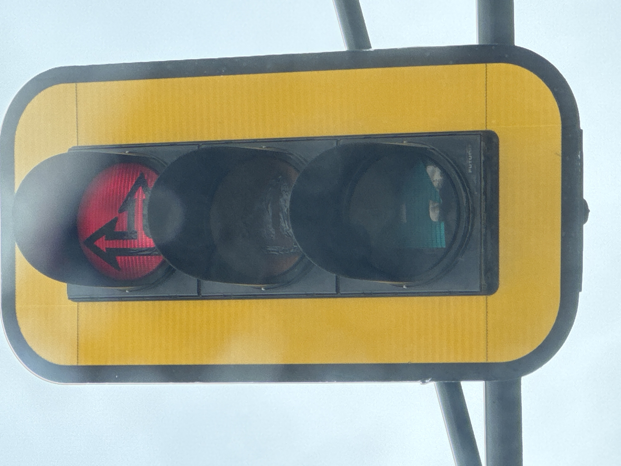 The image shows a traffic light. The light has a yellow rectangular frame. Inside the frame are three circular lights. The leftmost light is red with a black arrow pointing left. The other two lights are dark. The traffic light is mounted on a pole. The location is not discernible from the image.