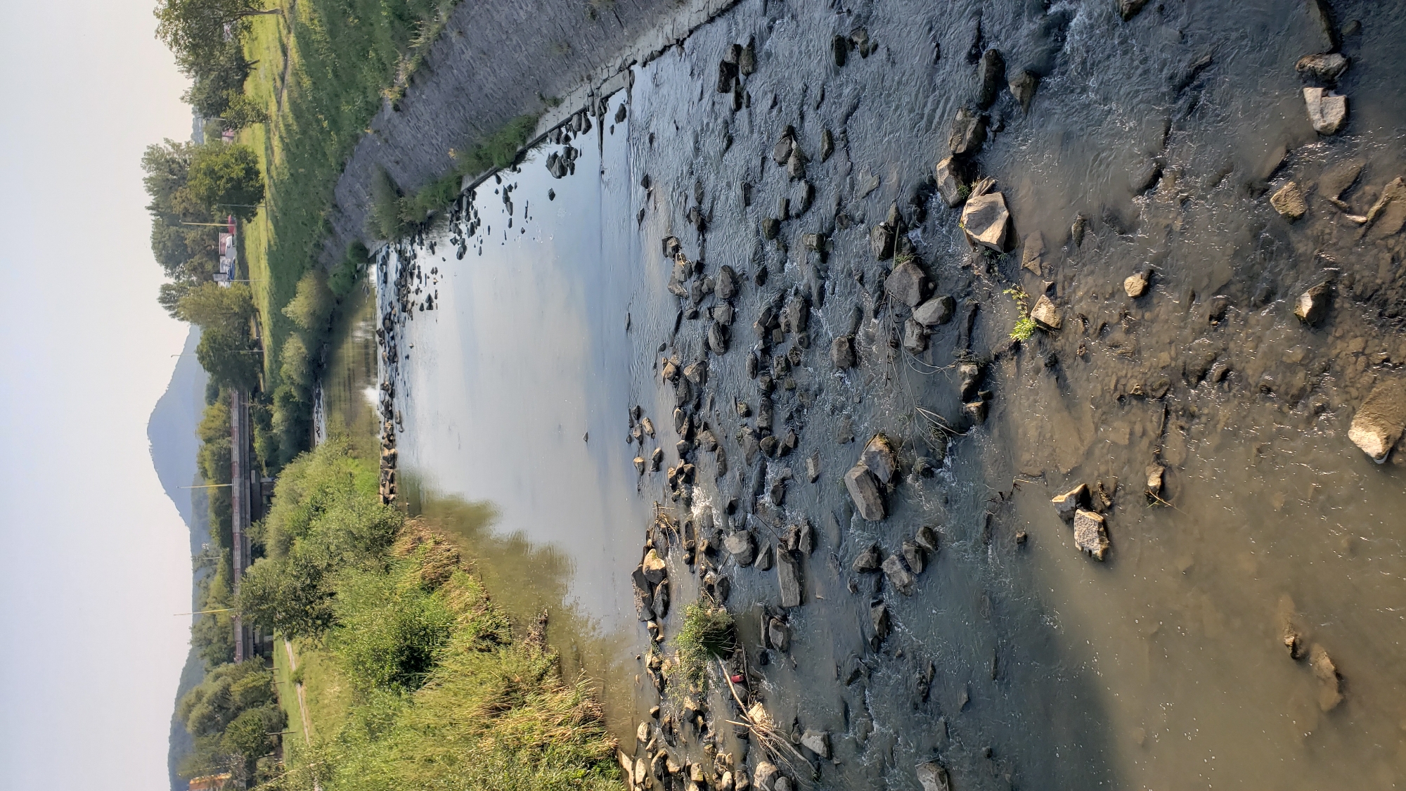 This image depicts a section of the Sekčov river in Prešov, Slovakia, on a clear day with a bright sky. The river flows through a channel with concrete embankments on the right side, covered in grey stones. The water is murky and shallow in many areas, with numerous rocks and some debris visible on the riverbed and partially submerged in the water. The left bank is covered with dense green grass and vegetation, with trees further back. In the background, a bridge with a highway is visible spanning the river, with trees and buildings on either side. A prominent, cone-shaped mountain is visible in the far distance under the clear sky. The overall scene is a natural landscape integrated with urban infrastructure.