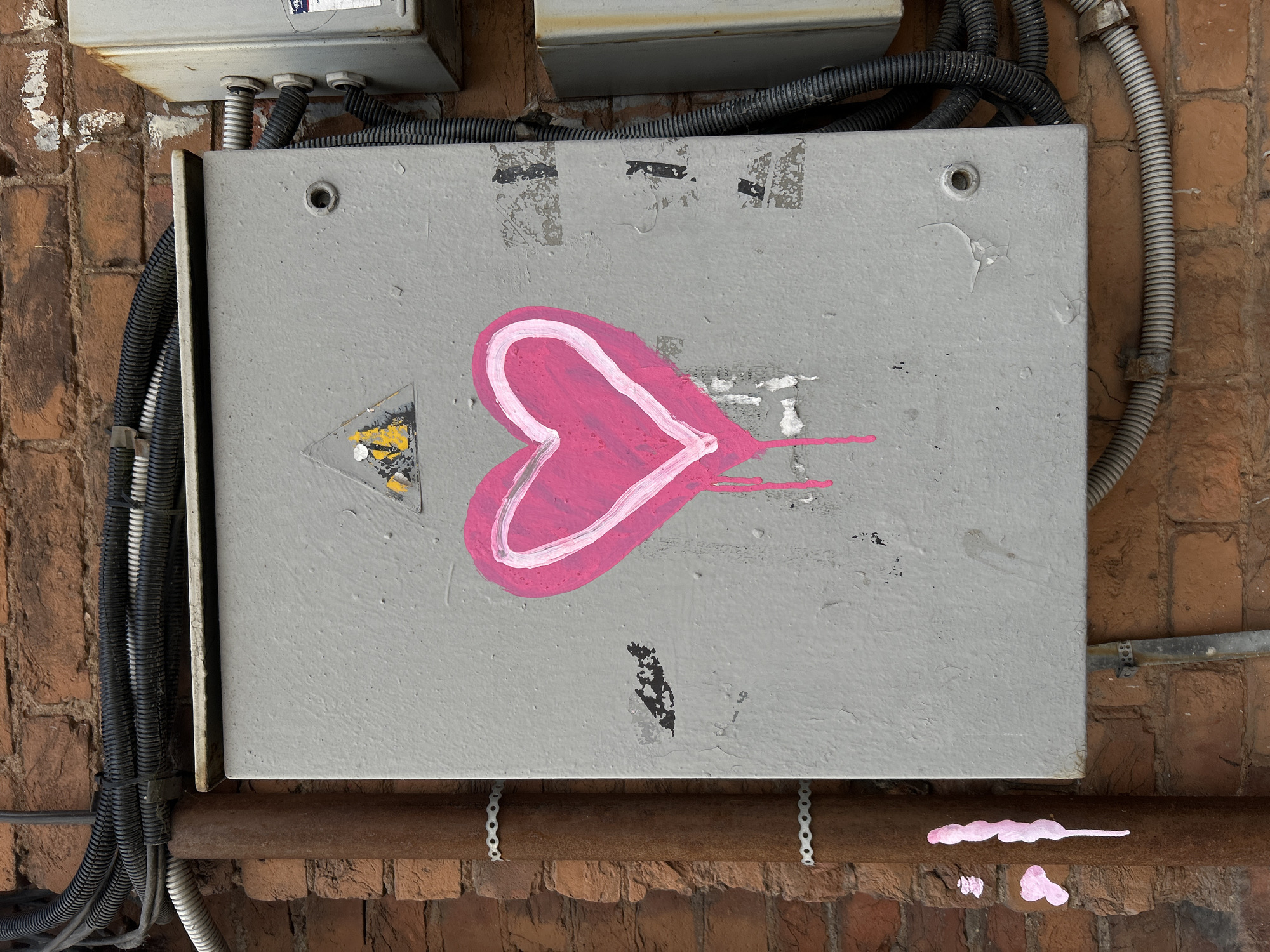 An outdoor, eye-level shot captures a grey electrical utility box mounted on a weathered red brick wall. The primary subject is a large, spray-painted pink heart with a white outline, positioned centrally on the box. The paint appears fresh, with several drips extending from the heart, particularly to the right and downwards. More pink paint drips are visible on a rusty brown pipe running horizontally below the electrical box, and small splatters are on the brick wall beneath the pipe.
The grey electrical box shows signs of age, with peeling paint, scuffs, and remnants of what appear to be old stickers or tape in the upper sections. A small, triangular yellow and black hazard symbol is visible on the left side of the box, but any text within it is illegible. Above the main box, a smaller, older grey electrical enclosure is also attached to the brick wall.
Numerous black corrugated conduits and a single lighter grey flexible conduit emerge from the top of the main box and run along the brick wall, connecting to the upper enclosure and other unseen utilities. These conduits are secured to the wall with various clamps and ties. The rusty brown pipe below the main box is held in place by several white, perforated metal straps. The scene suggests an urban setting, possibly an alleyway or building exterior, with functional infrastructure partially adorned by spontaneous graffiti. No specific time of day or weather conditions are explicitly indicated, but the lighting suggests daylight.