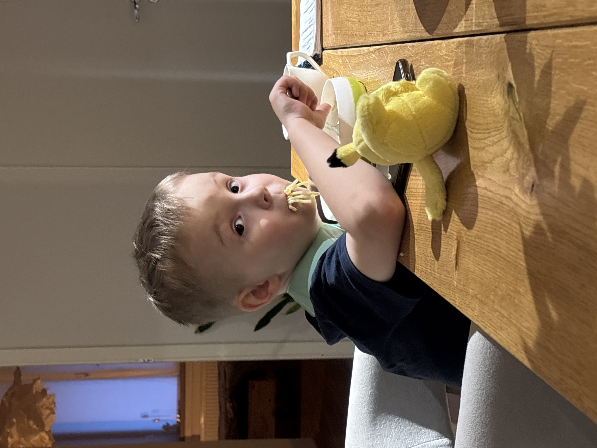 A young child sits at a wooden table, eating spaghetti. A yellow stuffed toy is on the table beside the child. The location is not identifiable as Chaikovsky, Russia. The scene is indoors. The child is wearing a navy blue shirt with a light green collar. A white cup with a black clip is on the table near the child. A white chair is next to the table. A window with an image of a body of water or an aquarium is partially visible in the background.