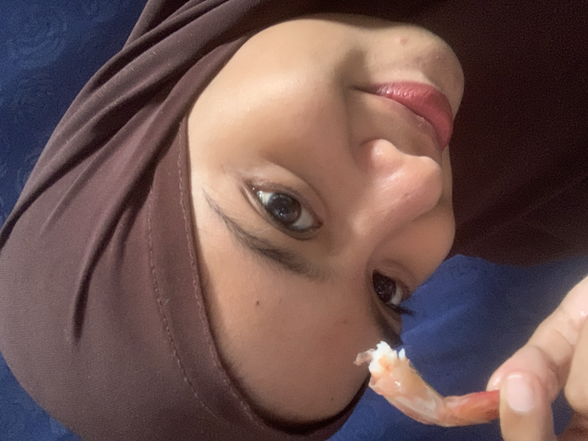 In Sungai Meriam, Indonesia, a close-up shot captures a young woman wearing a dark brown hijab. She is holding a cooked shrimp with her left hand, bringing it towards her face. The shrimp is segmented and appears to be cooked, with a reddish-orange hue. The woman's right eye is visible, and she has a slight smile on her lips, which are adorned with red lipstick. The background is a dark blue, possibly a wall or fabric. The lighting is warm, highlighting the textures of her skin and the shrimp.