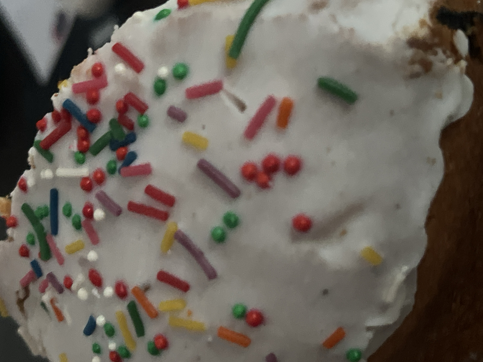 A close-up view of a dessert item, possibly a frosted cupcake or doughnut. It is covered with white icing and topped with colorful sprinkles (red, green, orange, blue, yellow, and purple). The sprinkles appear to be a mixture of cylindrical shapes and small spheres. The base of the dessert is a light brown color. The background is blurred. There is no indication of a location or connection to Saint Petersburg, Russia.