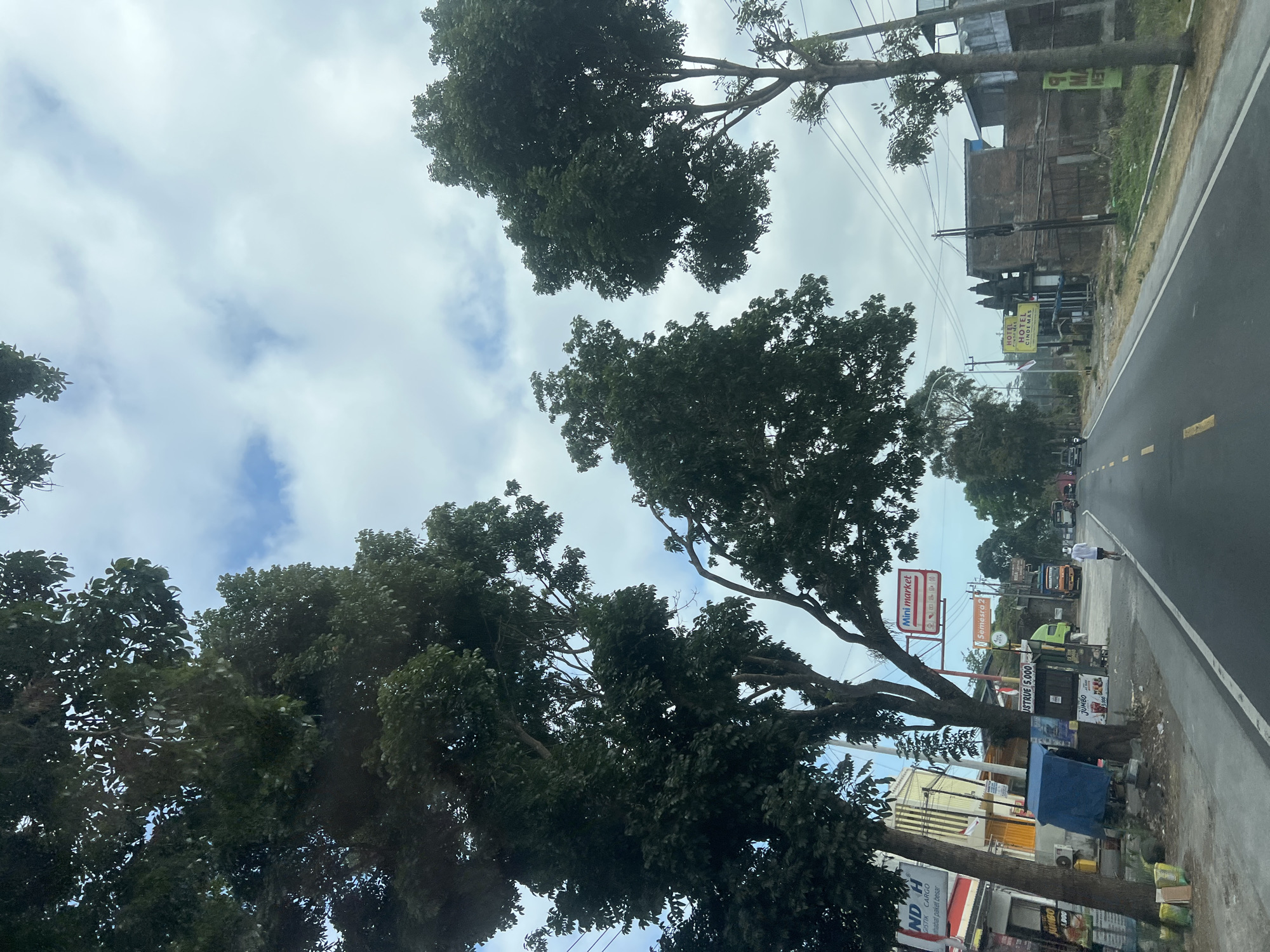 The image shows a view from a vehicle traveling on a road in the city of Badran, Indonesia. On the left side of the road, there are several buildings with various signs, including one for "Mini market" and another advertising "HOTEL CINDEMAS". Large trees with dense foliage line the road and extend into the frame from the left and right. A person in a white shirt and dark shorts is seen jogging on the right side of the road. The road is paved with yellow lane markers and is relatively empty except for the jogger and a few vehicles further down the road. The sky is overcast with some patches of blue visible through the clouds. The scene appears to be a typical streetscape in a semi-urban or rural area of Indonesia.