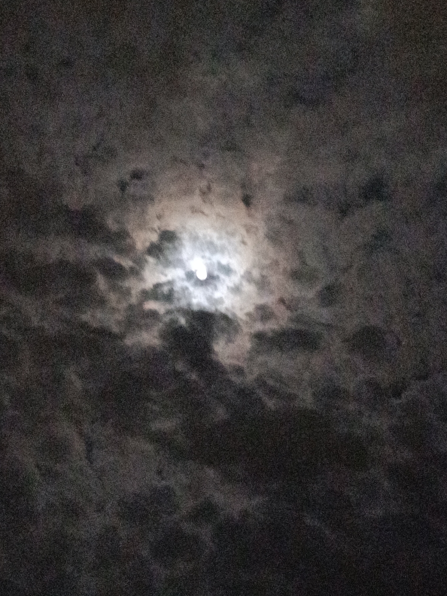 The image displays a nocturnal sky, dominated by a full or near-full moon partially obscured by dense, dark clouds. The moon is centrally located, emitting a bright, diffuse glow that illuminates the surrounding cloud cover. Its light breaks through the clouds, creating a soft halo effect and highlighting the varying textures and shapes of the cloud formations. The sky beyond the illuminated area is dark, with no stars visible, indicating extensive cloud presence.
The scene depicts a cloudy night, with the moon appearing as a luminous, circular orb peeking through gaps in the overcast sky. The clouds vary in tone from dark grays to lighter grays where the moonlight catches them, creating a dynamic celestial tableau. There are no people, man-made objects, or discernible landmarks. The overall impression is one of natural nighttime scenery. The photograph exhibits a grainy quality, characteristic of low-light photography. The event is simply the moon visible through clouds at night. This image was taken in Sofia, Bulgaria. No text is visible in the image.