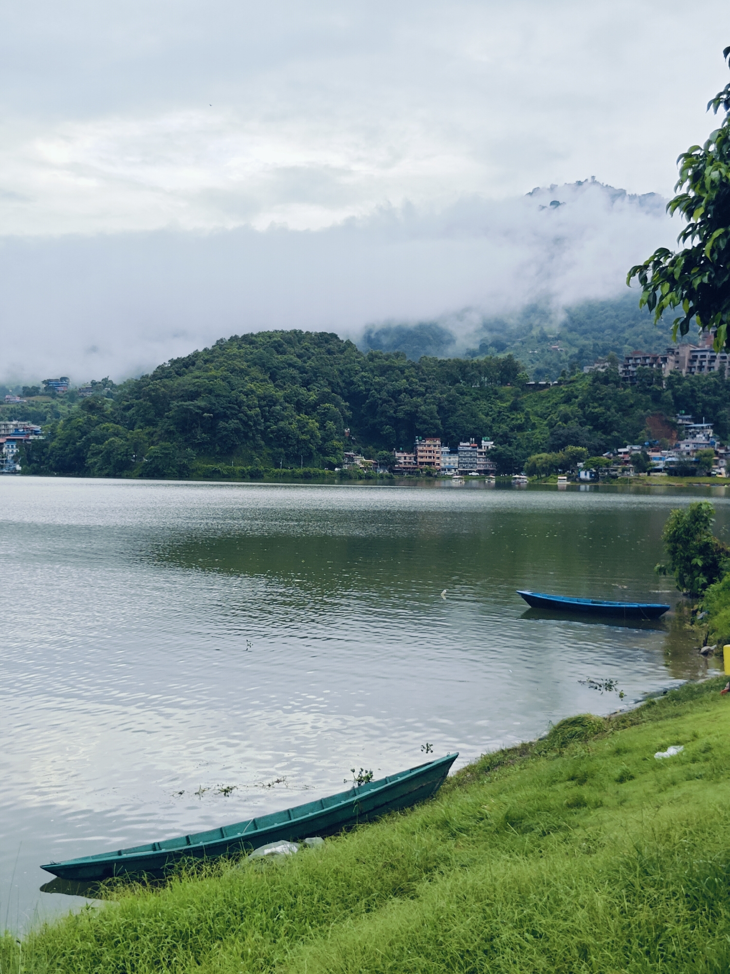 The image depicts a serene lake scene in Pokhara, Nepal, likely Fewa Lake, based on the characteristic landscape. The foreground features lush green grass sloping down to the water's edge. Two boats are visible: a long, dark green one rests partially on the grass at the bottom left, while a smaller, bright blue boat floats further out in the lake on the right. The lake itself is calm, reflecting the overcast sky and the verdant hills that form the backdrop. These hills are densely forested and dotted with buildings, suggesting a settled area or town on their slopes. The sky is a muted gray, with clouds partially obscuring the tops of the hills, giving the scene a slightly misty or cloudy atmosphere. The overall impression is one of natural beauty and tranquility.