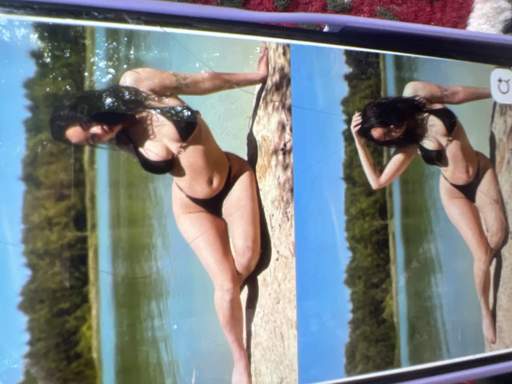 Two images are stacked vertically. The top image depicts a woman in a black bikini posing on a log by a body of water. She is lying on her side with one leg extended and the other bent. The background shows a lush green forest and a clear blue sky. The bottom image is a close-up of the same woman in a similar pose, this time with her hand resting on her head. She is also wearing a black bikini and is positioned on a log. The background again features a forest and a body of water. There is no indication of the city of Kara-Dıykan, Kyrgyzstan in this image.
