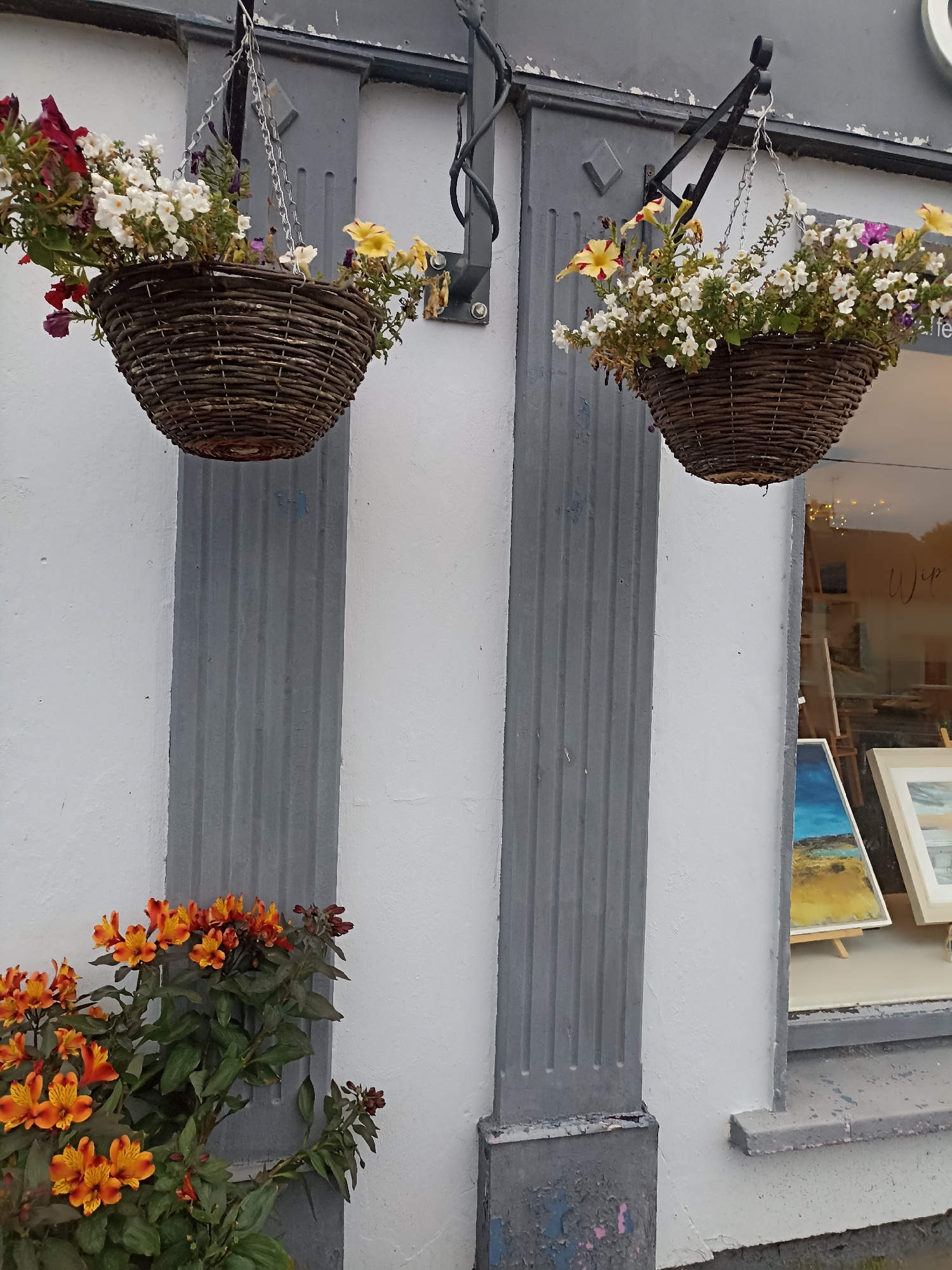 This is a medium-angle, slightly elevated outdoor shot of a building facade in Annagry, Ireland. The building has a white painted exterior with two prominent grey, fluted columns. Hung from brackets above the columns are two dark brown wicker hanging baskets filled with a variety of flowers, including white petunias, yellow and red petunias, and some darker red and purple flowers. Below the hanging baskets, and to the left of the frame, is a cluster of bright orange alstroemeria flowers with green foliage. To the right of the frame, a shop window is visible, displaying several paintings on easels. One painting depicts a landscape with a blue sky and yellow/brown ground. A sign with the word "Wip" is visible within the shop window. The overall scene suggests a shop or business with decorative floral displays and artwork for sale.