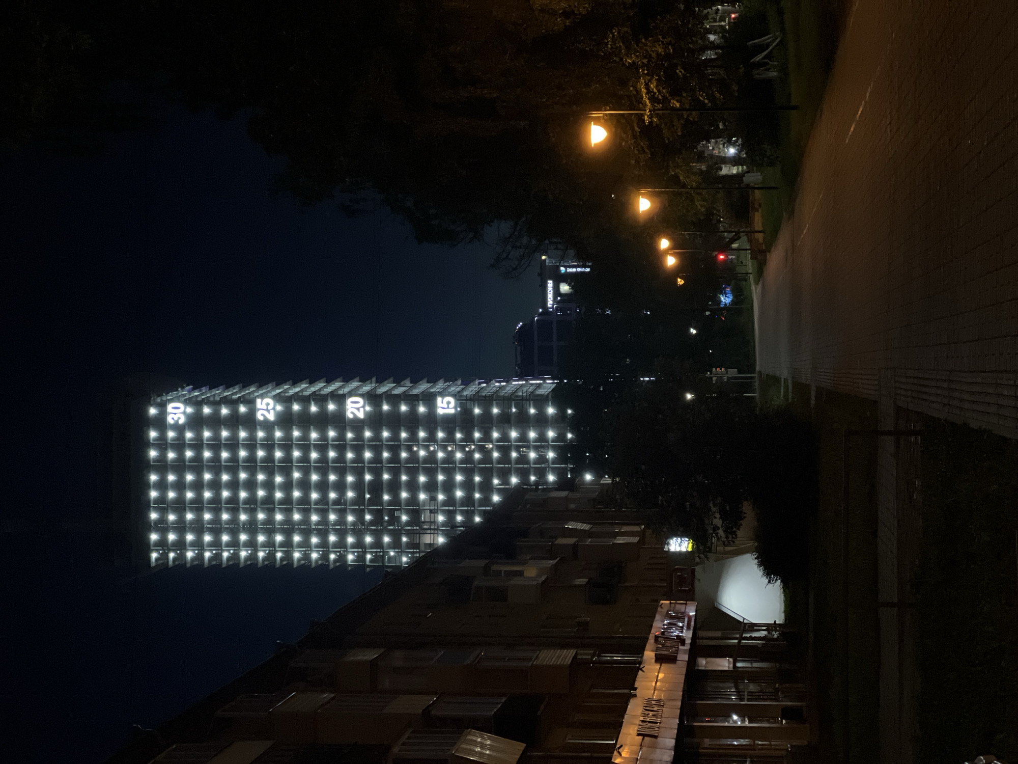 An outdoor, nighttime photograph captures an urban landscape in Izhevsk, Russia, characterized by prominent artificial lighting. The image, presented in a vertical orientation, displays a dark night sky at the top.
In the left half of the frame, a tall, modern building dominates the scene. Its facade is extensively illuminated by a grid of numerous bright white lights, creating a striking and uniform pattern. Large, glowing white numbers are displayed vertically along the left side of this illuminated grid, clearly showing "30", "25", "20", and "15", likely indicating floor levels. Below this main structure, in the lower left foreground, part of another building with multiple windows and balconies is partially visible, appearing darker and more residential in style.
In the deeper background, behind the brightly lit building, another commercial-looking structure can be discerned, featuring some illuminated signage. Text partially visible on this building includes "ДИЛ ОФИС" (DIL OFIS) and "ФРАНСУА" (FRANSUA).
The right side of the image features a paved pathway or sidewalk, stretching into the distance. It is lined with trees and several traditional streetlights casting a warm, orange-yellow glow onto the path and surrounding foliage. A faint red light, possibly a distant traffic signal, is visible further down the path. The overall impression is a serene and static urban night scene, devoid of visible human activity.