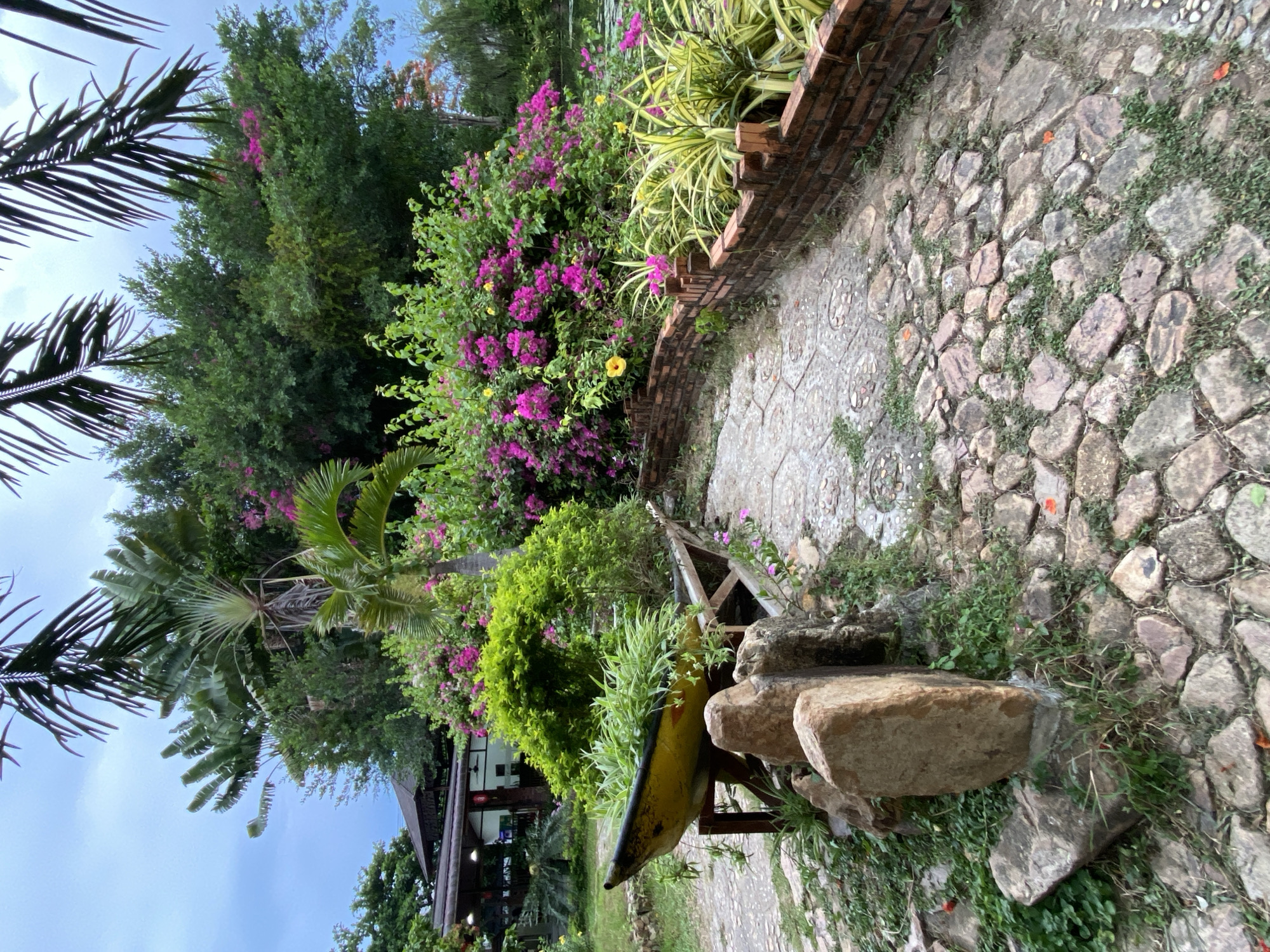 This is a vertical, eye-level, outdoor photograph of a garden path and surrounding vegetation. The path is made of large, irregularly shaped stones and is bordered on the right by a low, red brick wall. Beyond the wall are lush green plants with some yellow and pink flowers.
To the left of the path is a yellow boat that has been converted into a planter, filled with various green plants. In front of the boat are several large, rough stones. In the background, there is a dense arrangement of trees and flowering bushes, with palm trees visible towards the top. Part of a building with a dark roof and open-air seating is visible behind the vegetation on the far left.
The sky is overcast and blue. The overall scene suggests a tropical garden setting. The specific location of Nha Trang, Vietnam, is not visually identifiable from the image content itself; this information would need to be provided externally.