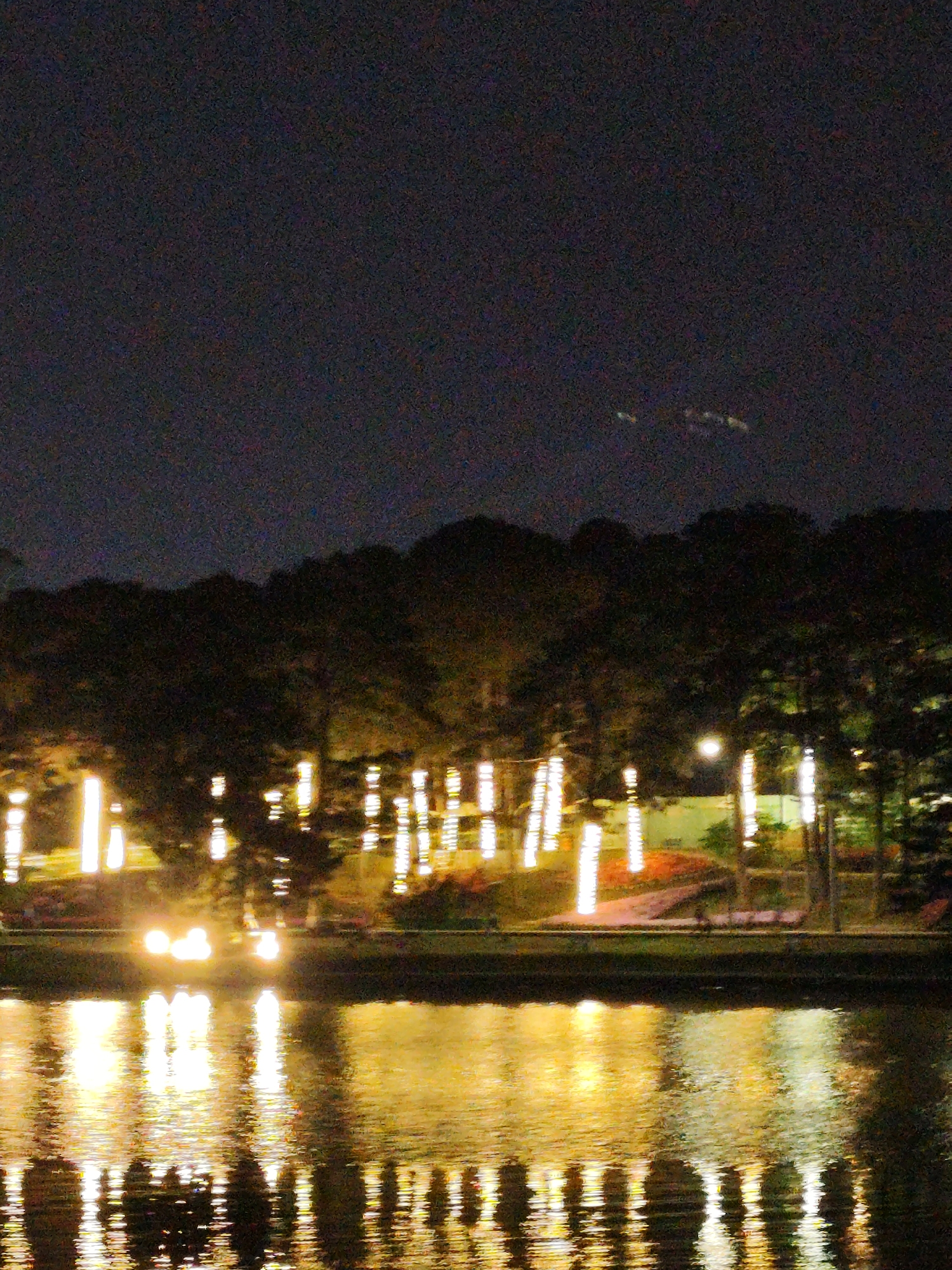 The image depicts a nighttime scene at Xuan Huong Lake in Da Lat, Vietnam. Tall, vertical illuminated poles stand along the lakeshore, their reflections visible in the water. Trees and a flowerbed are situated behind the poles, with a dark tree line forming the background. The sky above is dark, with possible faint light trails visible. The lake surface reflects the lights, creating a rippled, golden effect. The scene captures the ambiance of a night setting at this urban lake.