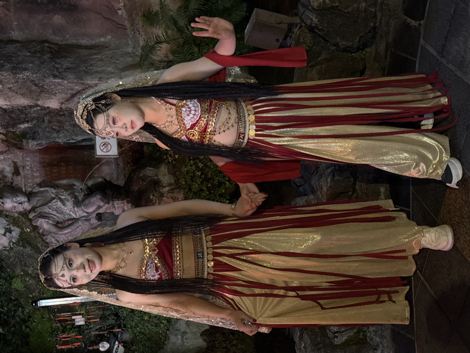 Two women in elaborate, Middle Eastern-inspired costumes pose against a rock wall. Their attire includes gold and red striped dresses, ornate belts with dangling coins, and jeweled headpieces with sheer veils. They both have dark hair styled in long braids. One woman raises her hand, and the other woman is holding her hand. The setting appears to be outdoors, possibly a garden or park-like environment.