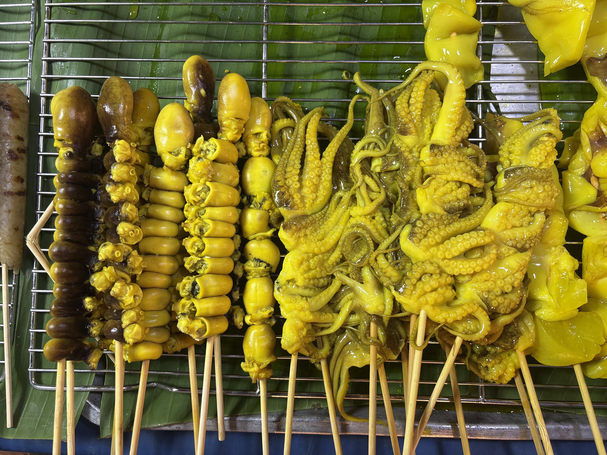 This media file captures a vibrant display of cooked seafood skewers arranged on a metal grill, set against a backdrop of green banana leaves. The scene depicts a street food stall or market in Choeng Thale, Thailand.
The skewers feature various parts of squid or octopus, predominantly in shades of bright yellow and chartreuse, suggesting they have been boiled or marinated. From left to right, the distinct types of skewers include:
1. A single, elongated, lighter-colored skewer, possibly a sausage or other non-cephalopod item.
2. Multiple skewers holding dark brown, oval-shaped items, likely small whole squid or cuttlefish.
3. Skewers with plump, bright yellow, oval-shaped items, some appearing to be stuffed squid bodies or baby squid, with visible internal textures.
4. Clusters of tentacles on skewers, clearly identifiable by their numerous suction cups, characteristic of cooked octopus or larger squid tentacles.
5. On the far right, larger, flatter, and irregularly shaped pieces of bright yellow seafood, possibly squid mantles.
All the food items are threaded onto thin wooden skewers, resting horizontally on the metal grill. The artificial or overcast lighting suggests an indoor market setting or an evening stall. No people or visible text are present in the image.