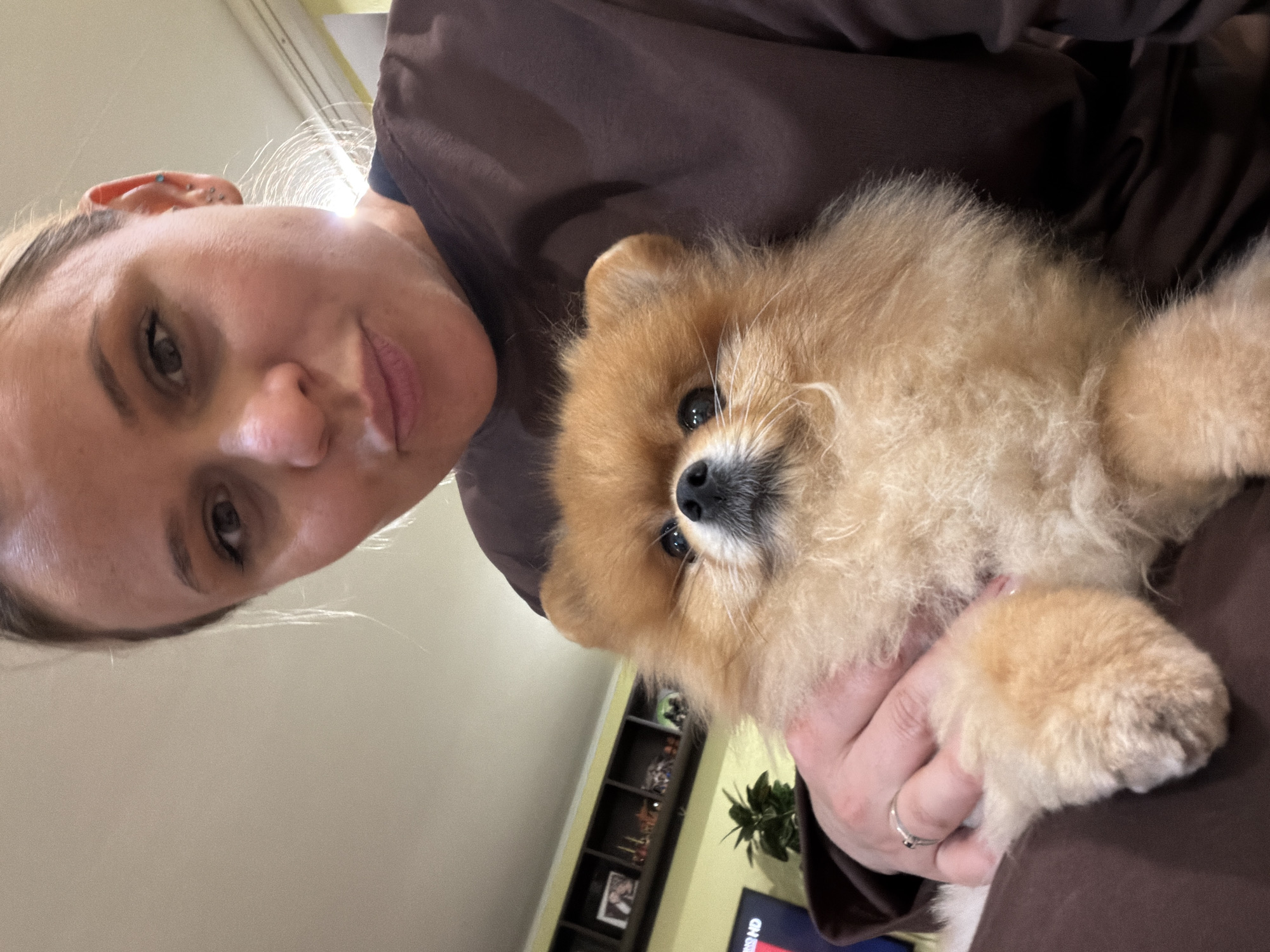 A woman is holding a Pomeranian dog. The background includes a wall, a shelf with items, and a plant. The location is not determinable from the image.
