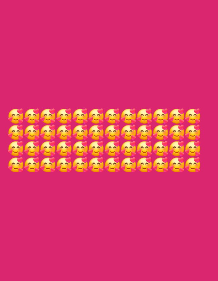 A vibrant, high-angle, full shot shows a repeating pattern of yellow smiling face emojis with pink hearts on their cheeks set against a solid hot pink background. The emojis are arranged in six rows of fifteen emojis each. The overall scene is a graphic design or digital artwork.