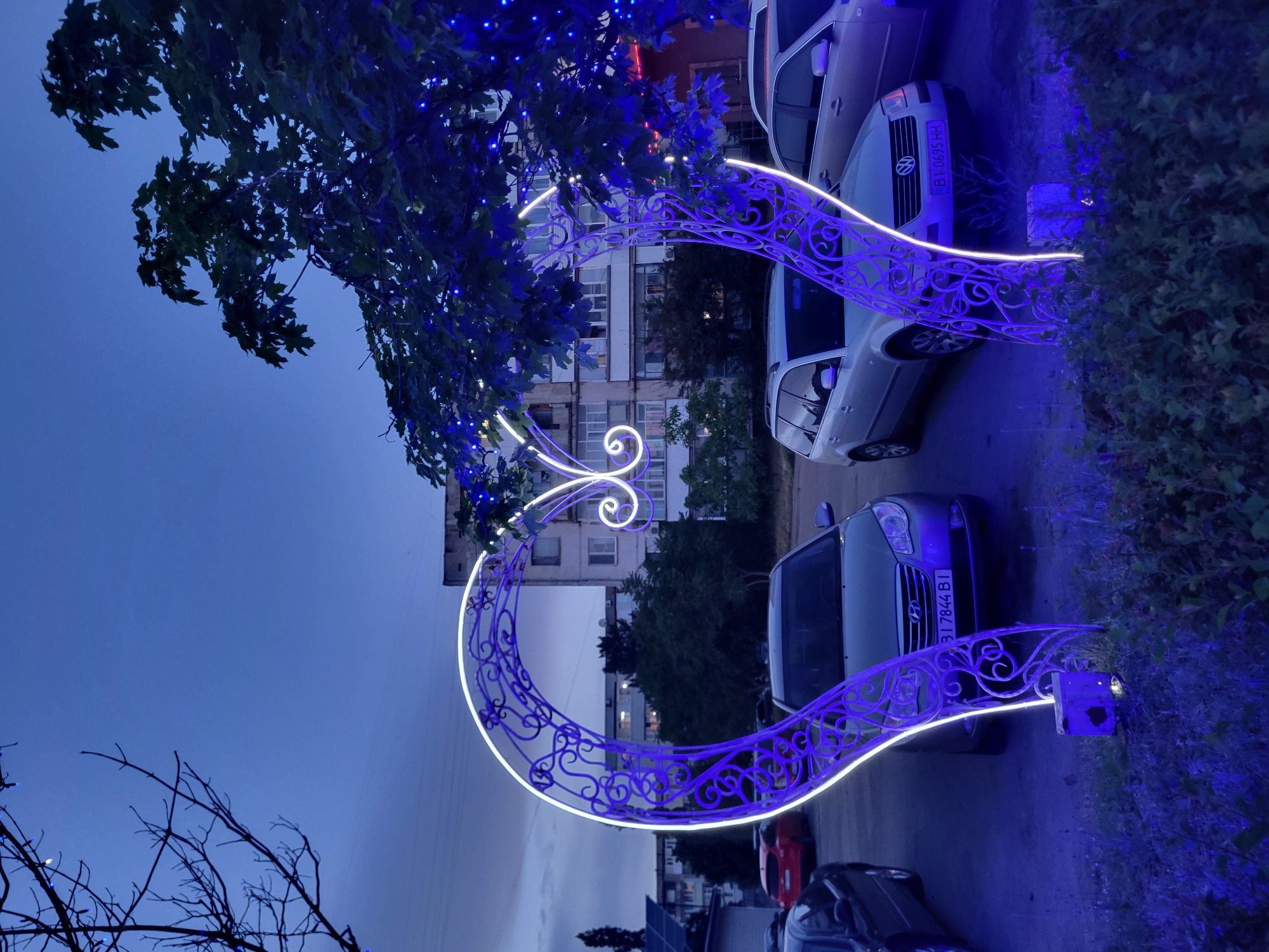 The image depicts an outdoor scene in the city of Horishni Plavni, Ukraine, featuring a large, illuminated heart-shaped archway decorated with blue lights. The archway is ornate, made of metal with decorative scrollwork, and outlined with white LED lights. Blue fairy lights are also draped over a nearby tree. Several cars are parked in the background, including a silver Volkswagen Passat with license plate B1 0695 HH and a silver Hyundai Elantra with license plate B1 7844 BI. Behind the cars, an apartment building is visible, characteristic of the urban landscape of Horishni Plavni. The sky is a deep blue, indicating either dusk or dawn. The foreground is filled with low-lying vegetation, also illuminated by the blue lights, creating a festive and somewhat surreal atmosphere. No people are present in the image.