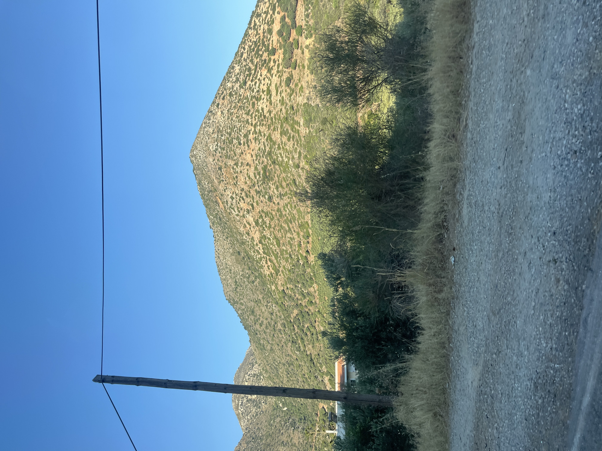 The image shows a mountain landscape under a clear blue sky. In the foreground, there is a gravel road and dry grass. A wooden utility pole stands on the left side of the image, with a dark cable stretching across the frame. Behind the grass and pole, there is a row of green bushes and trees. Further in the background, a white building with an orange roof is visible. The dominant feature of the image is a large, rounded mountain covered with sparse vegetation and rocks. The overall scene suggests a rural or semi-rural location, possibly in the vicinity of Sisses, Greece, given the Mediterranean vegetation and mountainous terrain. There are no people or animals visible in the image. The lighting indicates it is daytime, likely late morning or early afternoon given the bright sunlight and clear sky.