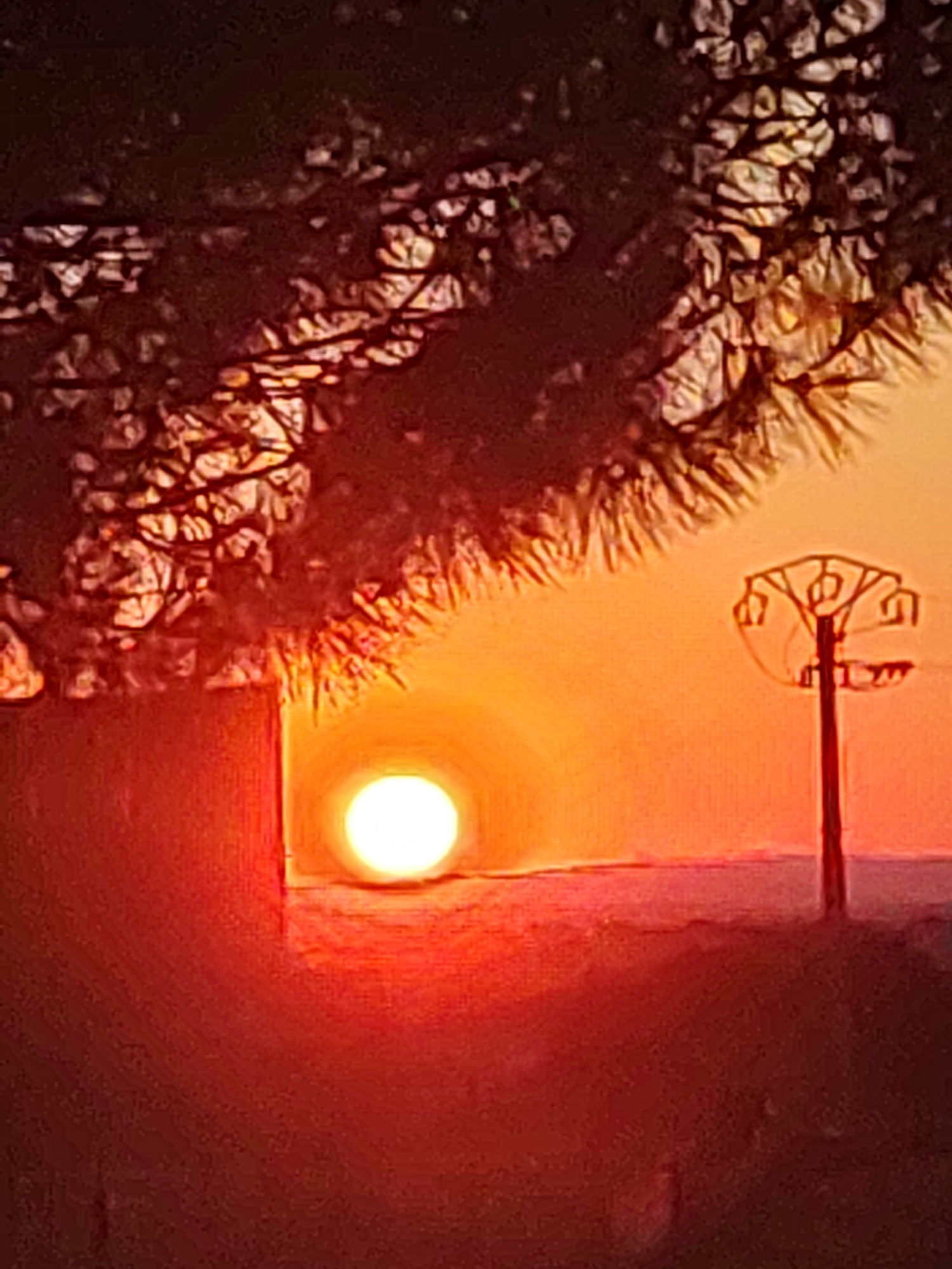 The image captures a sunset in Sobradillo, Spain, with the sun appearing as a bright, luminous orb against a gradient of orange and yellow hues. In the foreground, a dark silhouette of tree branches, possibly from a pine tree, drapes across the upper left portion of the frame, its needles and branches creating a textured pattern against the sky. To the left, a reddish-brown structure, possibly a wall or building, occupies a significant portion of the lower left quadrant, partially obscuring the sun. On the right side of the image, a vertical pole with a decorative top, resembling a power line or ornamental lamp post, stands against the vibrant sky. The ground below is rendered in darker tones, suggesting it is in shadow or composed of darker terrain. The overall scene evokes a natural landscape at dusk, with man-made elements integrated into the environment.