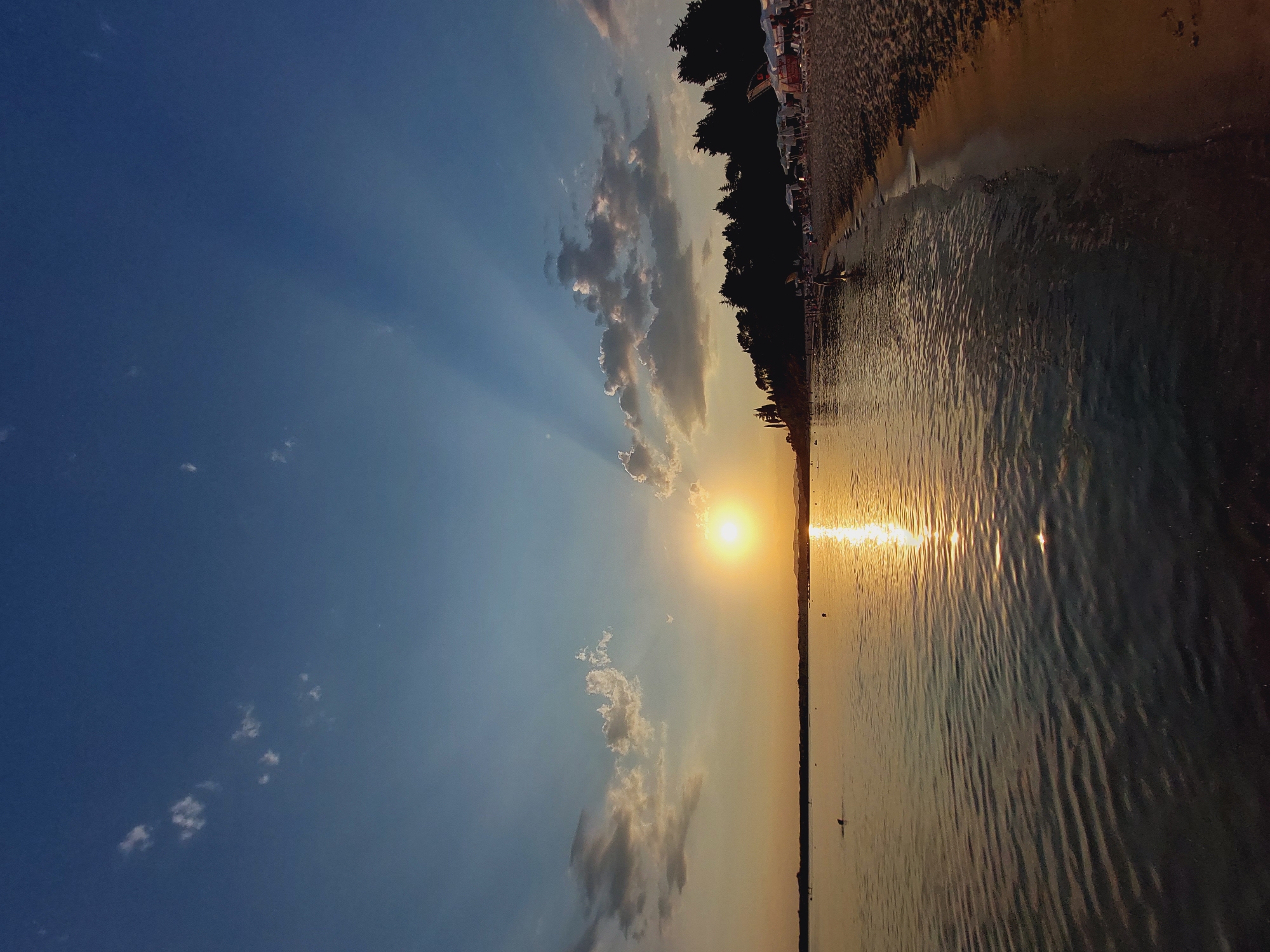 The image depicts a tranquil sunset scene at a beach in Nesebar, Bulgaria. The sun, a bright orb, is setting over a calm body of water, casting a golden reflection that shimmers on the surface. Wispy clouds dot the vast expanse of the blue sky, with rays of sunlight fanning out from behind them.
To the right, a sandy beach is lined with rows of white umbrellas and lounge chairs, indicating a popular tourist spot. Silhouetted figures of people can be seen walking along the shoreline and relaxing on the beach. The background features a dense line of dark trees that form a natural border along the coast, with faint hills visible in the distance. The overall atmosphere is serene and picturesque, capturing the beauty of a summer evening by the sea.