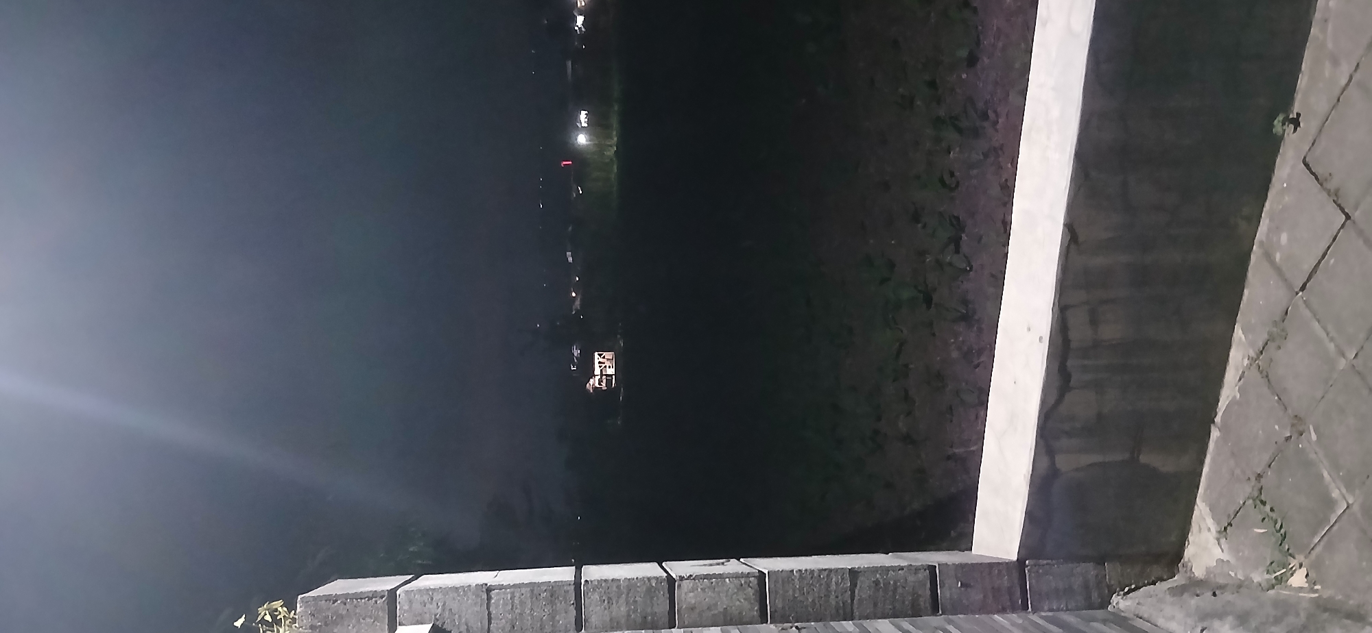 The image shows a nighttime scene from what appears to be a residential area. In the foreground, there is a wall and some paving stones. Beyond the wall, there is a dark field or garden area. In the middle ground, there are a few illuminated structures, possibly houses or other buildings, scattered among trees. In the far distance, more lights are visible, suggesting a more populated area or a town. The sky is dark and there is a bright light source at the top left, possibly a lamp or reflection. The overall impression is one of a quiet, possibly rural or suburban, environment at night. The location of Sekarputih, Indonesia is not explicitly visible in the image, but it is suggested as the context.