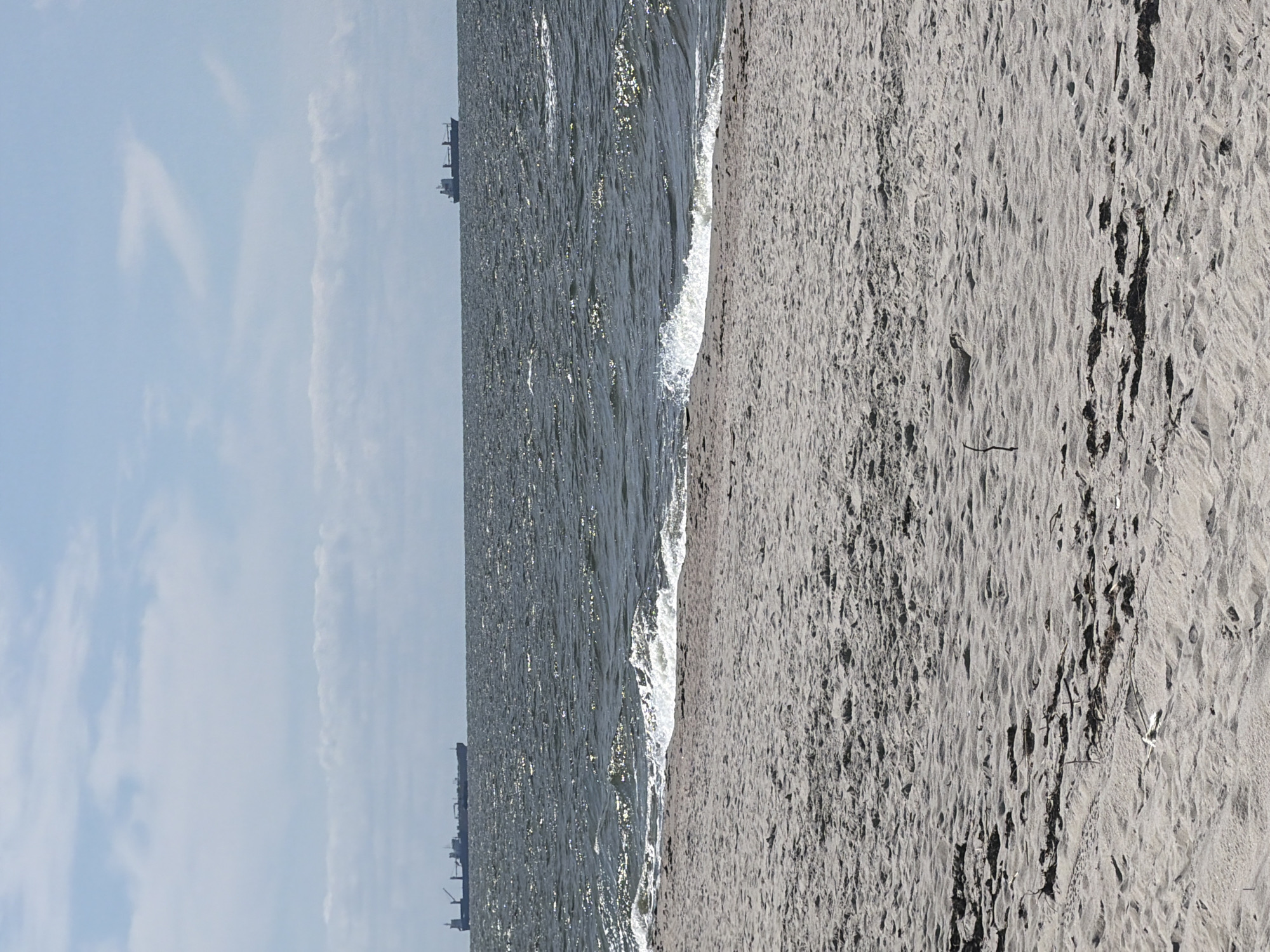The image depicts a coastal scene with a sandy beach in the foreground and a body of water with two large cargo ships in the distance. The water is choppy with small waves breaking on the shore. The sky is partly cloudy. The scene appears to be a generic coastal view and does not contain any specific identifying landmarks or features that would place it in Baltiysk, Russia. There are no people or discernable actions taking place. The overall environment is natural and serene.