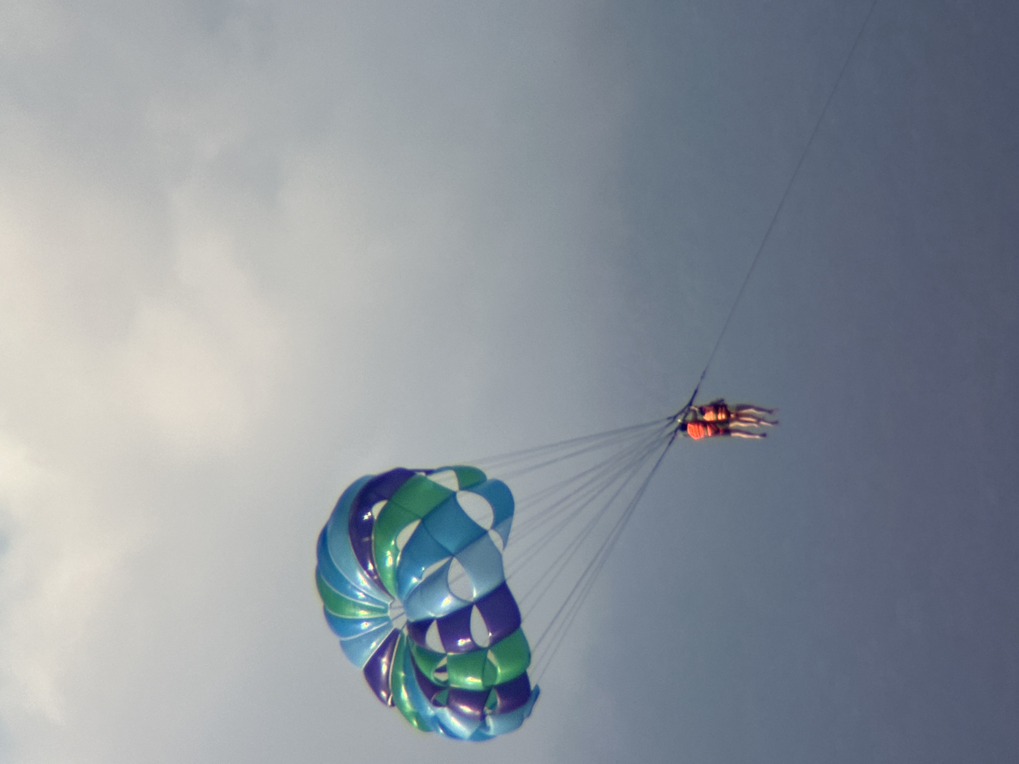A colorful parasail, predominantly blue and green, is suspended in a grey, cloudy sky. Two individuals, wearing bright orange life vests, are harnessed beneath the parasail, dangling in the air. The scene appears to be taking place above the ocean or a large body of water, consistent with the coastline of Đà Nẵng, Vietnam. The overall impression is one of leisure activity against a diffused, overcast sky.