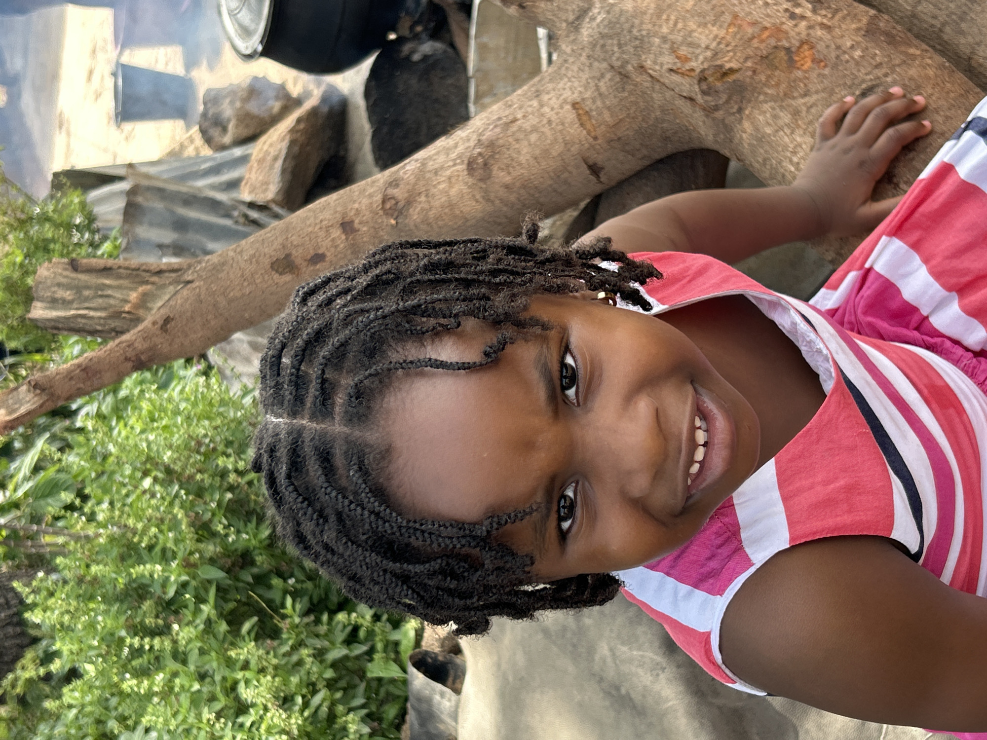 In an outdoor setting that appears to be within the city of Jos, Nigeria, a young Black girl is the central subject of the image. She has dark skin and her hair is styled in numerous braids that frame her face. She is looking directly at the camera with a slight smile, revealing her teeth. She is wearing a pink and white striped dress, with white trim around the neckline. Her left arm is resting on a large, rough-barked tree trunk.
The background is filled with natural elements and signs of rural or semi-rural life. To the left, there is lush green foliage, suggesting a garden or untamed vegetation. To the right, the scene is more cluttered. There are large rocks, a piece of corrugated metal roofing, and what looks like a cooking pot or cauldron placed on an open fire, with visible smoke rising. Two blue buckets are also visible in the background, adding to the impression of a functional, outdoor living space. The overall lighting suggests it is daytime.