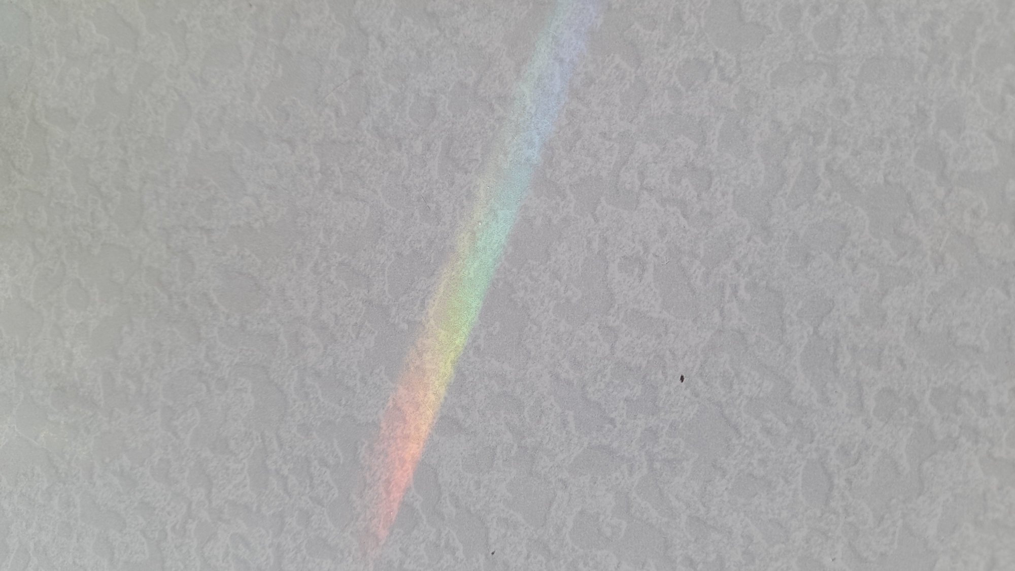 The image shows a textured white wall with a vertical rainbow stripe cast across it. A small black speck is present on the wall to the right of the rainbow. There are no people visible. The location is not discernible from the image.