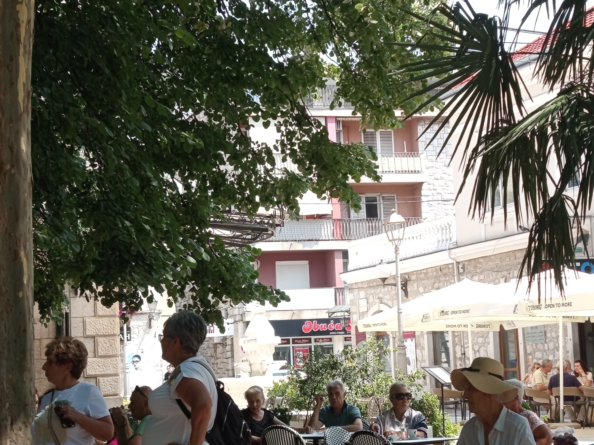 This media file depicts an outdoor scene at a cafe on a sunny day, possibly in Trebinje, Bosnia and Herzegovina, judging by the architecture and signage. The image is framed by lush green foliage from trees and palm fronds, suggesting a warm climate and ample shade.
In the foreground, several people are visible. On the left, two women are standing, seemingly engaged in conversation. One woman, with short curly hair, holds a phone and wears a white t-shirt. Next to her, another woman, also in a white t-shirt, is partially visible from behind. Further back, a group of people are seated at tables, enjoying drinks and conversation. A man with gray hair and a green polo shirt is seated at a table, looking towards the camera. To his right, a woman wearing sunglasses and a light-colored shirt sits. On the far right, a person in a wide-brimmed hat is in focus, facing away from the camera.
In the mid-ground, several buildings with light-colored stone facades and balconies are visible. One building features a store with a prominent "Obuća" sign, which translates to "Shoes." Another building has a pink facade with balconies and white shutters. Outdoor umbrellas, some with "TUBORG OPEN TO MORE" text, provide shade for cafe patrons. Street lamps with intricate designs are also present, adding to the ambiance of the location. The overall atmosphere appears relaxed and leisurely, typical of a cafe setting on a pleasant day.