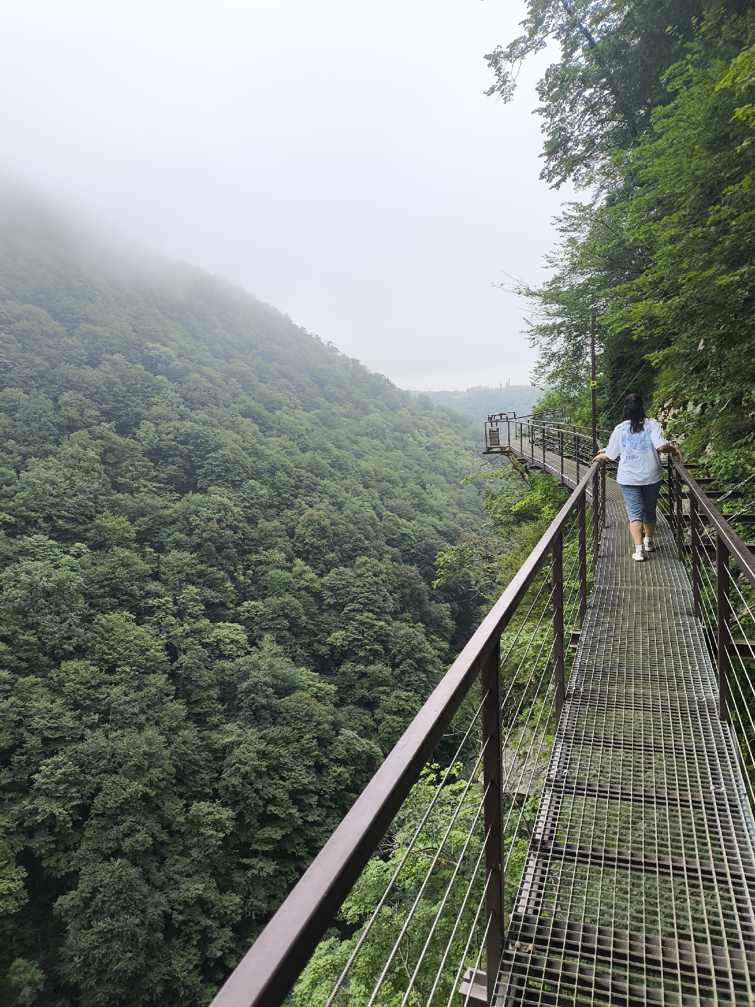 A woman walks on a metal footbridge that extends along a steep, forested mountainside in Satsiskvilo, Georgia. The footbridge has a grated metal surface and is lined with dark brown metal railings. The woman is wearing a light-colored t-shirt with a graphic print and blue denim shorts. She is walking away from the camera towards a viewing platform with a covered area and benches, which is visible further down the bridge. The mountainside is densely covered in lush green trees, and the scene is enveloped in a light fog or mist, particularly in the distance. The sky is overcast and white. The overall impression is one of a natural landscape with man-made infrastructure providing access for visitors.