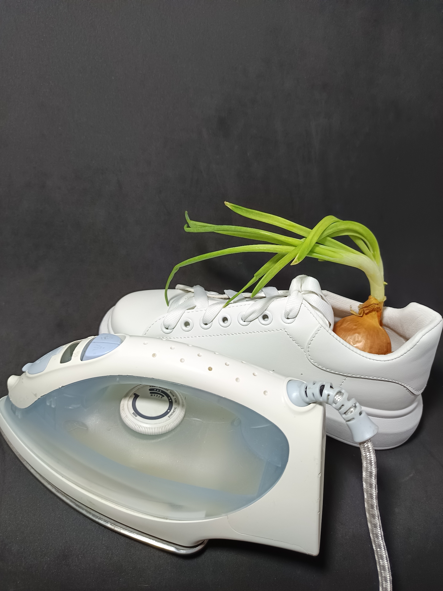 In Tyshky, Ukraine, on a black background, a white sneaker contains a sprouting onion. In front of the sneaker, a white electric iron with a blue and gray handle rests on the surface. The sneaker is a low-top, lace-up shoe with white laces and is positioned slightly behind and to the right of the iron. The onion is small and brown, with green shoots emerging from its top and curving to the left. The iron is a common household appliance with a transparent water reservoir and a dial for temperature settings visible. The scene is static, with no active interactions or discernible narrative.