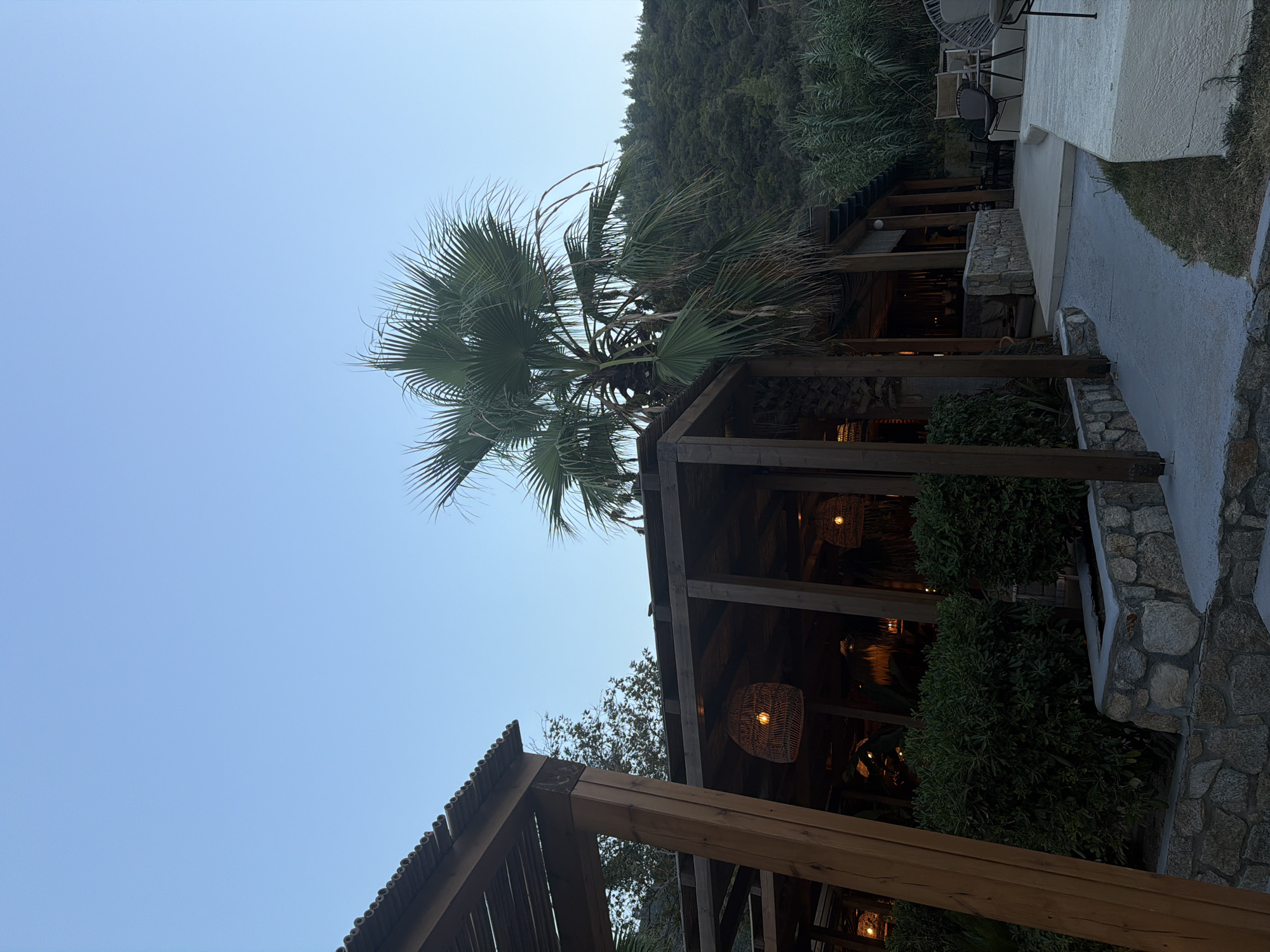 The image shows an outdoor seating area, likely a restaurant or cafe, in Sithonia Municipal Unit, Greece. The scene is captured at dusk, with the sky a clear, pale blue. In the foreground, a wooden pergola with a slatted roof extends across the frame, supported by thick wooden posts. Woven pendant lamps hang from the pergola's ceiling, emitting a warm, yellow light.
To the left of the pergola, dense green bushes are visible, with a stone wall constructed from irregular grey stones bordering a walkway. To the right, a prominent palm tree stands tall, its fronds reaching towards the sky. Beyond the palm tree and the pergola, a lush green hillside rises, densely covered with trees.
Further back, glimpses of tables and chairs can be seen under another section of the pergola, suggesting a dining or relaxation space. The overall atmosphere is tranquil and inviting, characteristic of a Mediterranean coastal setting. There are no visible people in the frame.